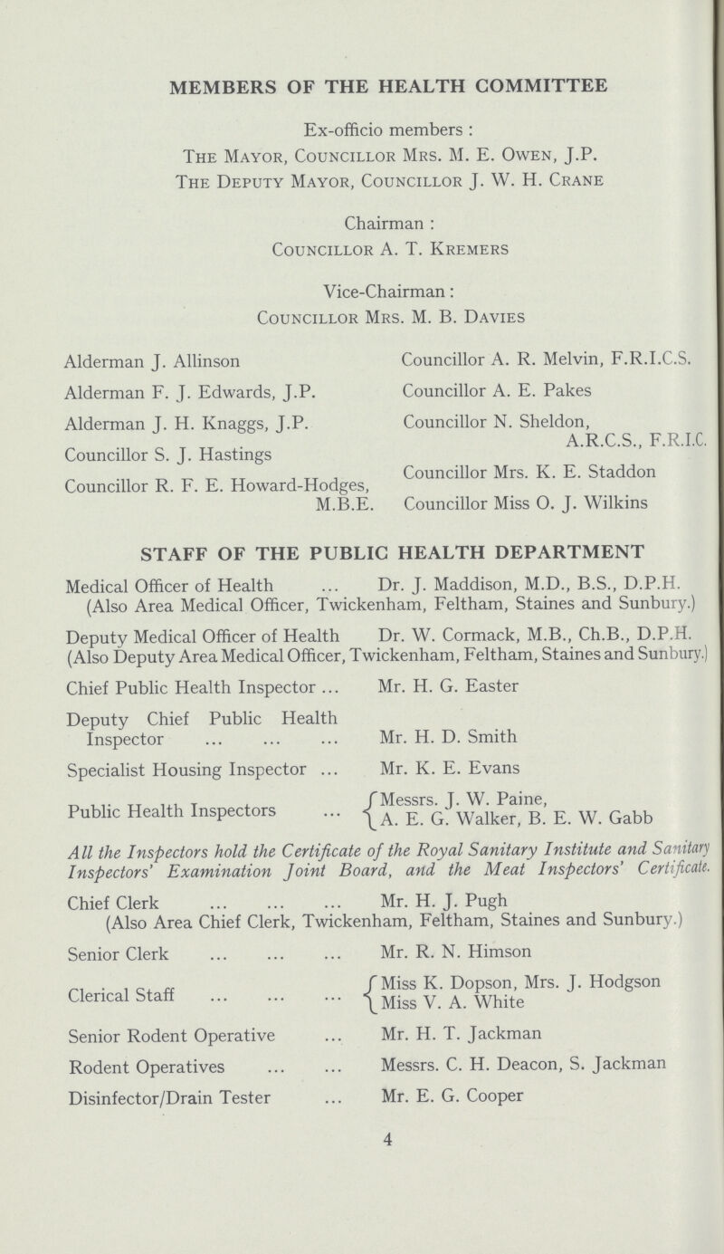 MEMBERS OF THE HEALTH COMMITTEE Ex-officio members: The Mayor, Councillor Mrs. M. E. Owen, J.P. The Deputy Mayor, Councillor J. W. H. Crane Chairman: Councillor A. T. Kremers Vice-Chairman: Councillor Mrs. M. B. Davies Alderman J. Allinson Councillor A. R. Melvin, F.R.I.C.S. Alderman F. J. Edwards, J.P. Councillor A. E. Pakes Alderman J. H. Knaggs, J.P. Councillor N. Sheldon, Councillor S. J. Hastings A.R.C.S., F.R.I.C. Councillor Mrs. K. E. Staddon Councillor R. F. E. Howard-Hodges, M.B.E. Councillor Miss O. J. Wilkins STAFF OF THE PUBLIC HEALTH DEPARTMENT Medical Officer of Health Dr. J. Maddison, M.D., B.S., D.P.H. (Also Area Medical Officer, Twickenham, Feltham, Staines and Sunbury.) Deputy Medical Officer of Health Dr. W. Cormack, M.B., Ch.B., D.P.H. (Also Deputy Area Medical Officer, Twickenham, Feltham, Staines and Sunbury.) Chief Public Health Inspector Mr. H. G. Easter Deputy Chief Public Health Inspector Mr. H. D. Smith Specialist Housing Inspector Mr. K. E. Evans Messrs. T. W. Paine, Public Health Inspectors A. E. G. Walker, B. E. W. Gabb All the Inspectors hold the Certificate of the Royal Sanitary Institute and Sanitary Inspectors' Examination Joint Board, and the Meat Inspectors' Certificate. Chief Clerk Mr. H. J. Pugh (Also Area Chief Clerk, Twickenham, Feltham, Staines and Sunbury.) Senior Clerk Mr. R. N. Himson Miss K. Dopson, Mrs. J. Hodgson Clerical Staff Miss V. A. White Senior Rodent Operative Mr. H. T. Jackman Rodent Operatives Messrs. C. H. Deacon, S. Jackman Disinfector/Drain Tester Mr. E. G. Cooper 4