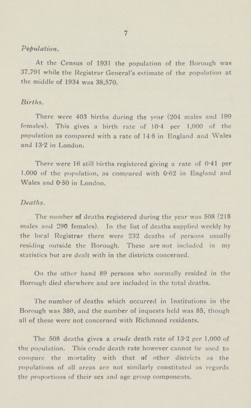 7 Population. At the Census of 1931 the population of the Borough was 37,791 while the Registrar General's estimate of the population at the middle of 1934 was 38,570. Births. There were 403 births during the year (204 males and 199 females). This gives a birth rate of 10.4 per 1,000 of the population as compared with a rate of 14.8 in England and Wales and 13.2 in London. There were 16 still births registered giving a rate of 0.41 per 1,000 of the population, as compared with 0.62 in England and Wales and 0.50 in London. Deaths. The number of deaths registered during the year was 508 (218 males and 290 females). In the list of deaths supplied weekly by the local Registrar there were 232 deaths of persons usually residing outside the Borough. These are not included in my statistics but are dealt with in the districts concerned. On the other hand 89 persons who normally resided in the Borough died elsewhere and are included in the total deaths. The number of deaths which occurred in Institutions in the Borough was 380, and the number of inquests held was 85, though all of these were not concerned with Richmond residents. The 508 deaths gives a crude death rate of 13.2 per 1,000 of the population. This crude death rate however cannot be used to compare the mortality with that of other districts as the populations of all areas are not similarly constituted as regards the proportions of their sex and age group components.