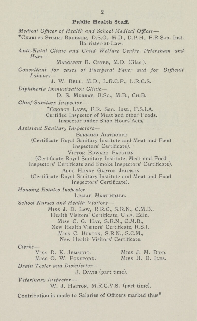 2 Public Health Staff. Medical Officer of Health and School Medical Officer— *Charles Stuart Brebner, D.S.O., M.D., D.P.H., F.R.San. Inst. Barrister-at-Law. Ante-Natal Clinic and Child Welfare Centre, Petersham and Ham— Margaret E. Cryer, M.D. (Glas.). Consultant for cases of Puerperal Fever and for Difficult Labours— J. W. Bell, M.D., L.R.C.P., L.R.C.S. Diphtheria Immunization Clinic— D. S. Murray, B.Sc., M.B., Ch.B. Chief Sanitary Inspector— *Gborge Laws, F.R. San. Inst., F.S.I.A. Certified Inspector of Meat and other Foods. Inspector under Shop Hours Acts. Assistant Sanitary Inspectors— Bernard Aisthorpe (Certificate Royal Sanitary Institute and Meat and Food Inspectors' Certificate). Victor Edward Baughan (Certificate Royal Sanitary Institute, Meat and Food Inspectors' Certificate and Smoke Inspectors' Certificate). Alec Henry Garton Johnson (Certificate Royal Sanitary Institute and Meat and Food Inspectors' Certificate). Housing Estates Inspector— Leslie Martindale. School Nurses and Health Visitors— Miss J. D. Law, R.R.C., S.R.N., C.M.B., Health Visitors' Certificate, Univ. Edin. Miss C. G. Hay, S.R.N., C.M.B., New Health Visitors' Certificate, R.S.I. Miss C. Burton, S.R.N., S.C.M., New Health Visitors' Certificate. Clerks— Miss D. K. Jemmett. Miss J. M. Bird. Miss O. W. Ponsford. Miss H. E. Iles. Drain Tester and Disinfectcr-—- J. Davis (part time). Veterinary Inspector— W. J. Hatton, M.R.C.V.S. (part time). Contribution is made to Salaries of Officers marked thus*