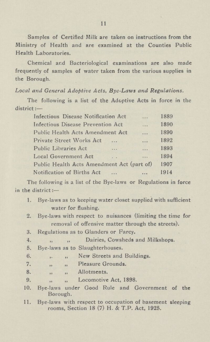 11 Samples of Certified Milk are taken on instructions from the Ministry of Health and are examined at the Counties Public Health Laboratories. Chemical and Bacteriological examinations are also made frequently of samples of water taken from the various supplies in the Borough. Local and General Adoptive Acts, Bye-Laws and Regulations. The following is a list of the Adoptive Acts in force in the district:— Infectious Disease Notification Act 1889 Infectious Disease Prevention Act 1890 Public Health Acts Amendment Act 1890 Private Street Works Act 1892 Public Libraries Act 1893 Local Government Act 1894 Public Health Acts Amendment Act (part of) 1907 Notification of Births Act 1914 The following is a list of the Bye-laws or Regulations in force in the district:— 1. Bye-laws as to keeping water closet supplied with sufficient water for flushing. 2. Bye-laws with respect to nuisances (limiting the time for removal of offensive matter through the streets). 3. Regulations as to Glanders or Farcy. 4. „ ,, Dairies, Cowsheds and Milkshops. 5. Bye-laws as to Slaughterhouses. 6. ,, New Streets and Buildings. 7. „ „ Pleasure Grounds. 8. ,, „ Allotments. 9. ,, ,, Locomotive Act, 1898. 10. Bye-laws under Good Rule and Government of the Borough. 11. Bye-laws with respect to occupation of basement sleeping rooms, Section 18 (7) H. & T.P. Act, 1925.