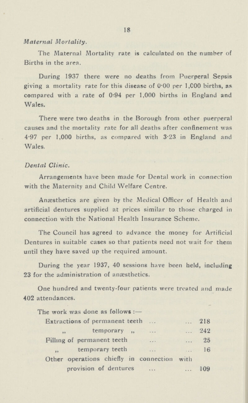 18 Maternal Mortality. The Maternal Mortality rate is calculated on the number of Births in the area. During 1937 there were no deaths from Puerperal Sepsis giving a mortality rate for this disease of 0.00 per 1,000 births, as compared with a rate of 0:94 per 1,000 births in England and Wales. There were two deaths in the Borough from other puerperal causes and the mortality rate for all deaths after confinement was 4.97 per 1,000 births, as compared with 3.23 in England and Wales. Dental Clinic. Arrangements have been made for Dental work in connection with the Maternity and Child Welfare Centre. Anæsthetics are given by the Medical Officer of Health and artificial dentures supplied at prices similar to those charged in connection with the National Health Insurance Scheme. The Council has agreed to advance the money for Artificial Dentures in suitable cases so that patients need not wait for them until they have saved up the required amount. During the year 1937, 40 sessions have been held, including 23 for the administration of anaesthetics. One hundred and twenty-four patients were treated and made 402 attendances. The work was done as follows:— Extractions of permanent teeth 218 „ temporary ,, 242 Pilling of permanent teeth 25 ,, temporary teeth 16 Other operations chiefly in connection with provision of dentures 109