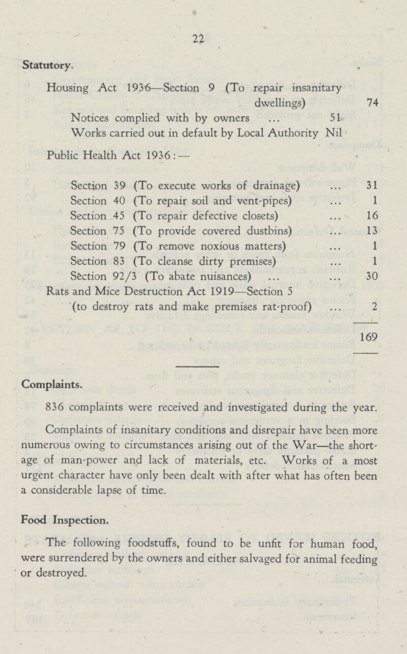 22 Statutory. Housing Act 1936—Section 9 (To repair insanitary dwellings) 74 Notices complied with by owners 51 Works carried out in default by Local Authority Nil Public Health Act 1936:— Section 39 (To execute works of drainage) 31 Section 40 (To repair soil and vent-pipes) 1 Section 45 (To repair defective closets) 16 Section 75 (To provide covered dustbins) 13 Section 79 (To remove noxious matters) 1 Section 83 (To cleanse dirty premises) 1 Section 92/3 (To abate nuisances) 30 Rats and Mice Destruction Act 1919—Section 5 (to destroy rats and make premises rat-proof) 2 169 Complaints. 836 complaints were received and investigated during the year. Complaints of insanitary conditions and disrepair have been more numerous owing to circumstances arising out of the War—the short age of man-power and lack of materials, etc. Works of a most urgent character have only been dealt with after what has often been a considerable lapse of time. Food Inspection. The following foodstuffs, found to be unfit for human food, were surrendered by the owners and either salvaged for animal feeding or destroyed.