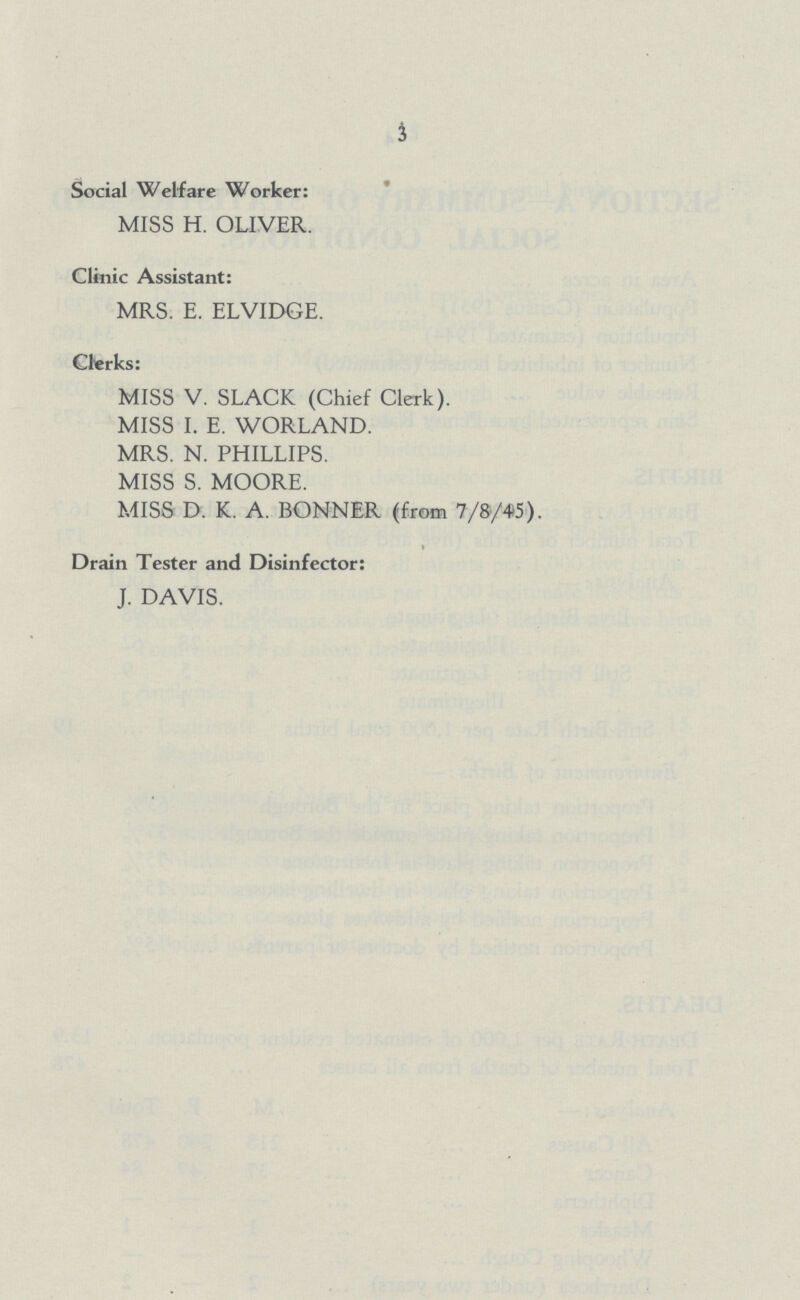 3 Social Welfare Worker: MISS H. OLIVER. Clinic Assistant: MRS. E. ELVIDGE. Clerks: MISS V. SLACK (Chief Clerk). MISS I. E. WORLAND. MRS. N. PHILLIPS. MISS S. MOORE. MISS D. K. A. BONNER (from 7/8/45). Drain Tester and Disinfector: J. DAVIS.