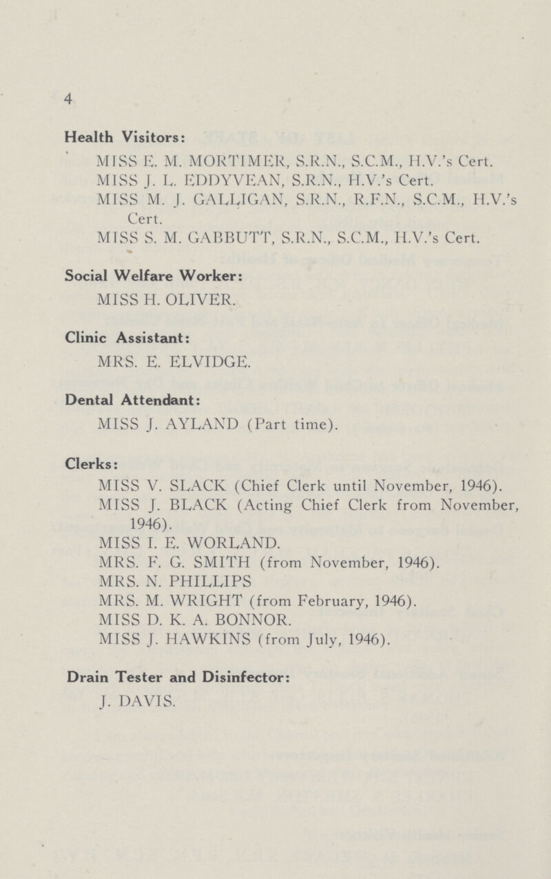 4 Health Visitors: MISS E. M. MORTIMER, S.R.N., S.C.M., H.V.'s Cert. MISS J. L. EDDYVEAN, S.R.N., H.V.'s Cert. MISS M. J. GALLIGAN, S.R.N., R.F.N., S.C.M., H.V.'s Cert. MTSS S. M. GABBUTT, S.R.N., S.C.M., H.V.'s Cert. Social Welfare Worker: MISS H. OLIVER. Clinic Assistant: MRS. E. ELVIDGE. Dental Attendant: MISS J. AYLAND (Part time). Clerks: MISS V. SLACK (Chief Clerk until November, 1946). MISS J. BLACK (Acting Chief Clerk from November, 1946). MISS I. E. WORLAND. MRS. E. G. SMITH (from November, 1946). MRS. N. PHILLIPS MRS. M. WRIGHT (from February, 1946). MISS D. K. A. BONNOR. MISS J. HAWKINS (from July, 1946). Drain Tester and Disinfector: J. DAVIS.