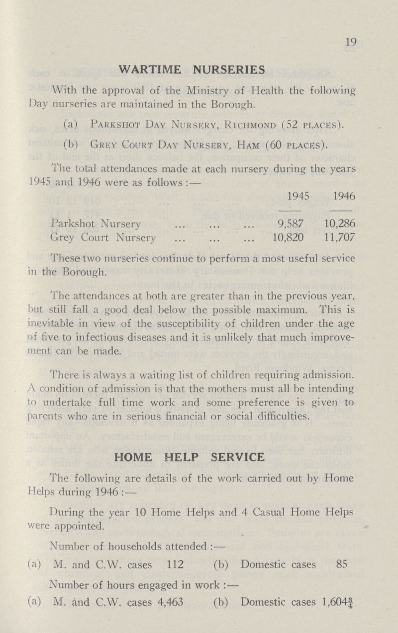 19 WARTIME NURSERIES With the approval of the Ministry of Health the following Day nurseries are maintained in the Borough. (a) Parkshot Day Nursery, Richmond (52 places). (b) Grey Court Day Nursery, Ham (60 places). The total attendances made at each nursery during the years 1945 and 1946 were as follows:— 1945 1946 Parkshot Nursery 9,587 10,286 Grey Court Nursery 10,820 11,707 These two nurseries continue to perform a most useful service in the Borough. The attendances at both are greater than in the previous year, but still fall a good deal below the possible maximum. This is inevitable in view of the susceptibility of children under the age of five to infectious diseases and it is unlikely that much improve ment can be made. There is always a waiting list of children requiring admission. A condition of admission is that the mothers must all be intending to undertake full time work and some preference is given to parents who are in serious financial or social difficulties. HOME HELP SERVICE The following are details of the work carried out by Home Helps during 1946:— During the year 10 Home Helps and 4 Casual Home Helps were appointed. Number of households attended:— (a) M. and C.W. cases 112 (b) Domestic cases 85 Number of hours engaged in work:— (a) M. and C.W. cases 4,463 (b) Domestic cases 1,604¾