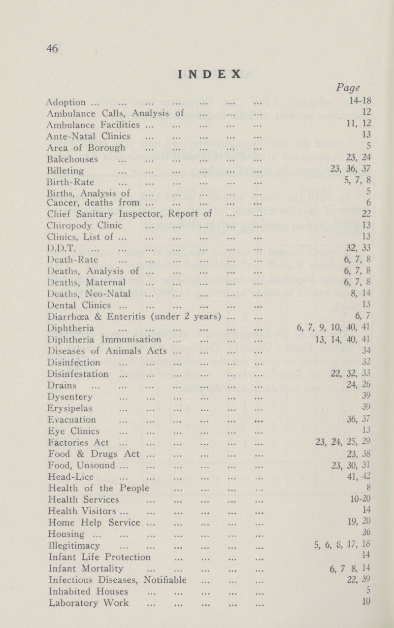 46 INDEX Page Adoption 14-18 Ambulance Calls, Analysis of 12 Ambulance Facilities 11, 12 Ante-Natal Clinics 13 Area of Borough 5 Bakehouses 23, 24 Biilleting 23, 36, 37 Birth-Rate 5, 7, 8 Births, Analysis of 5 Cancer, deaths from 6 Chief Sanitary Inspector, Report of 22 Chiropody Clinic 13 Clinics, List of 13 D.D.T 32, 33 Death-Rate 6, 7, 8 Deaths, Analysis of 6, 7, 8 Deaths, Maternal 6, 7, 8 Deaths, Neo-Natal . 8, 14 Dental Clinics 13 Diarrhoea & Enteritis (under 2 years) 6, 7 Diphtheria 6, 7, 9, 10, 40, 41 Diphtheria Immunisation 13, 14, 40, 41 Diseases of Animals Acts 34 Disinfection 32 Disinfestation 22, 32, 33 Drains 24, 26 Dysentery 39 Erysipelas 39 Evacuation 36, 37 Eye Clinics 13 Factories Act 23, 24, 25, 29 Food & Drugs Act 23, 38 Food, Unsound 23, 30, 31 Head-Lice 41, 42 Health of the People 8 Health Services 10-20 Health Visitors 14 Home Help Service 19, 20 Housing 36 Illegitimacy 5, 6, 8, 17, 18 Infant Life Protection 14 Infant Mortality 6, 7 8, 14 Infectious Diseases, Notifiable 22, 39 Inhabited Houses 5 Laboratory Work 10