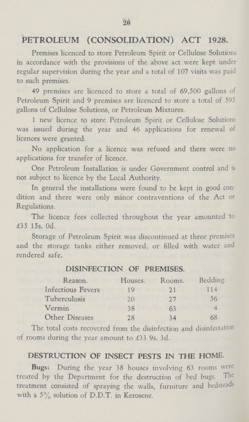 26 PETROLEUM (CONSOLIDATION) ACT 1928. Premises licenced to store Petroleum Spirit or Cellulose Solutions in accordance with the provisions of the above act were kept under regular supervision during the year and a total of 107 visits was paid to such premises. 49 premises are licenced to store a total of 69,500 gallons of Petroleum Spirit and 9 premises are licenced to store a total of 595 gallons of Cellulose Solutions, or Petroleum Mixtures. 1 new licence to store Petroleum Spirit or Cellulose Solutions was issued during the year and 46 applications for renewal of licences were granted. No application for a licence was refused and there were no applications for transfer of licence. One Petroleum Installation is under Government control and is not subject to licence by the Local Authority. In general the installations were found to be kept in good con dition and there were only minor contraventions of the Act or Regulations. The licence fees collected throughout the year amounted to £15 15s. Od. Storage of Petroleum Spirit was discontinued at three premises and the storage tanks either removed, or filled with water and rendered safe. DISINFECTION OF PREMISES. Reason. Houses. Rooms. Bedding. Infectious Fevers 19 21 114 Tuberculosis 20 27 56 Vermin 38 63 4 Other Diseases 28 34 68 The total costs recovered from the disinfection and disinfestation of rooms during the year amount to £33 9s. 3d. DESTRUCTION OF INSECT PESTS IN THE HOME. Bugs: During the year 38 houses involving 63 rooms were treated by the Department for the destruction of bed bugs. The treatment consisted of spraying the walls, furniture and bedsteads with a 5% solution of D.D.T. in Kerosene.