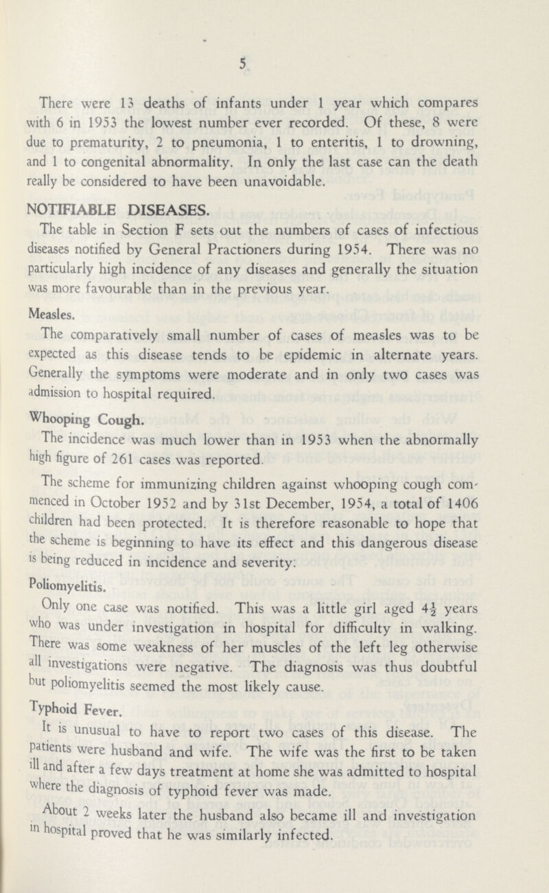 5 There were 13 deaths of infants under 1 year which compares with 6 in 1953 the lowest number ever recorded. Of these, 8 were due to prematurity, 2 to pneumonia, 1 to enteritis, 1 to drowning, and 1 to congenital abnormality. In only the last case can the death really be considered to have been unavoidable. NOTIFIABLE DISEASES. The table in Section F sets out the numbers of cases of infectious diseases notified by General Practioners during 1954. There was no particularly high incidence of any diseases and generally the situation was more favourable than in the previous year. Measles. The comparatively small number of cases of measles was to be expected as this disease tends to be epidemic in alternate years. Generally the symptoms were moderate and in only two cases was admission to hospital required. Whooping Cough. The incidence was much lower than in 1953 when the abnormally high figure of 261 cases was reported. The scheme for immunizing children against whooping cough com menced in October 1952 and by 31st December, 1954, a total of 1406 children had been protected. It is therefore reasonable to hope that the scheme is beginning to have its effect and this dangerous disease is being reduced in incidence and severity. Poliomyelitis. Only one case was notified. This was a little girl aged 4-| years who was under investigation in hospital for difficulty in walking. There was some weakness of her muscles of the left leg otherwise all investigations were negative. The diagnosis was thus doubtful hut poliomyelitis seemed the most likely cause. Typhoid Fever. It is unusual to have to report two cases of this disease. The patients were husband and wife. The wife was the first to be taken '11 and after a few days treatment at home she was admitted to hospital where the diagnosis of typhoid fever was made. About 2 weeks later the husband also became ill and investigation in hospital proved that he was similarly infected.