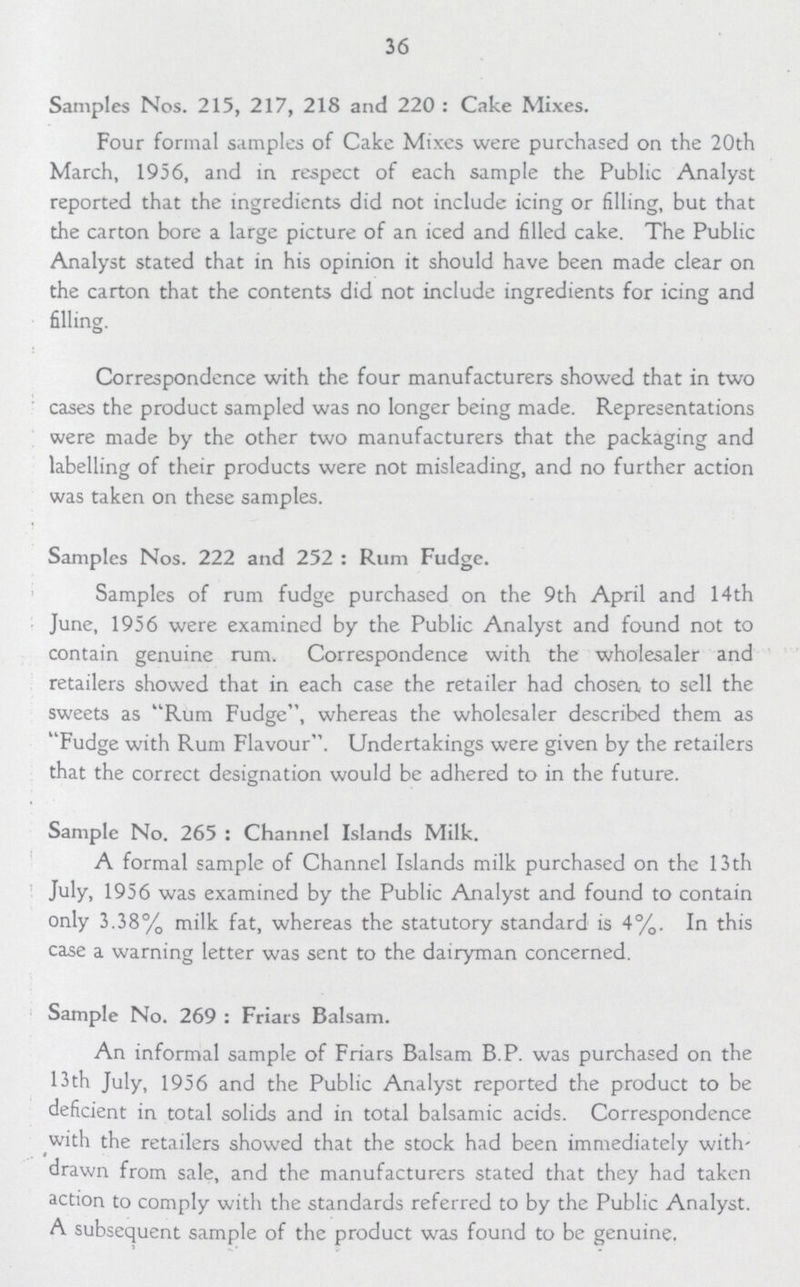 36 Samples Nos. 215, 217, 218 and 220: Cake Mixes. Four formal samples of Cake Mixes were purchased on the 20th March, 1956, and in. respect of each sample the Public Analyst reported that the ingredients did not include icing or filling, but that the carton bore a large picture of an iced and filled cake. The Public Analyst stated that in his opinion it should have been made clear on the carton that the contents did not include ingredients for icing and filling. Correspondence with the four manufacturers showed that in two cases the product sampled was no longer being made. Representations were made by the other two manufacturers that the packaging and labelling of their products were not misleading, and no further action was taken on these samples. Samples Nos. 222 and 252: Rum Fudge. Samples of rum fudge purchased on the 9th April and 14th June, 1956 were examined by the Public Analyst and found not to contain genuine rum. Correspondence with the wholesaler and retailers showed that in each case the retailer had chosen to sell the sweets as Rum Fudge, whereas the wholesaler described them as Fudge with Rum Flavour. Undertakings were given by the retailers that the correct designation would be adhered to in the future. Sample No. 265: Channel Islands Milk. A formal sample of Channel Islands milk purchased on the 13th July, 1956 was examined by the Public Analyst and found to contain only 3.38% milk fat, whereas the statutory standard is 4%. In this case a warning letter was sent to the dairyman concerned. Sample No. 269: Friars Balsam. An informal sample of Friars Balsam B P. was purchased on the 13th July, 1956 and the Public Analyst reported the product to be deficient in total solids and in total balsamic acids. Correspondence with the retailers showed that the stock had been immediately with drawn from sale, and the manufacturers stated that they had taken action to comply with the standards referred to by the Public Analyst. A subsequent sample of the product was found to be genuine.