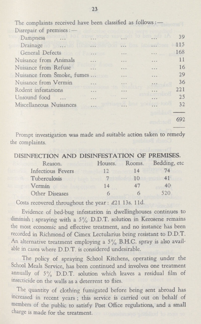 23 The complaints received have been classified as follows:— Disrepair of premises : — Dampness 39 Drainage 115 General Defects 168 Nuisance from Animals 11 Nuisance from Refuse 16 Nuisance from Smoke, fumes ... 29 Nuisance from Vermin 36 Rodent infestations 221 Unsound food 25 Miscellaneous Nuisances 32 692 Prompt investigation was made and suitable action taken to remedy the complaints. DISINFECTION AND DISINFESTATION OF PREMISES. Reason. Houses. Rooms. Bedding, etc Infectious Fevers 12 14 74 Tuberculosis 7 10 41 Vermin 14 47 40 Other Diseases 6 6 520 Costs recovered throughout the year : £21 13 s. 11d. Evidence of bed-bug infestation in dwellinghouses continues to diminish ; spraying with a 5% D.D.T. solution in Kerosene remains the most economic and effective treatment, and no instance has been recorded in Richmond of Cimex Lectularius being resistant to D.D.T. An alternative treatment employing a 5% B.H.C. spray is also avail able in cases where D.D.T. is considered undesirable. The policy of spraying School Kitchens, operating under the School Meals Service, has been continued and involves one treatment annually of 5% D.D.T. solution which leaves a residual film of insecticide on the walls as a deterrent to flies. The quantity of clothing fumigated before being sent abroad has increased in recent years ; this service is carried out on behalf of members of the public to satisfy Post Office regulations, and a small charge is made for the treatment.