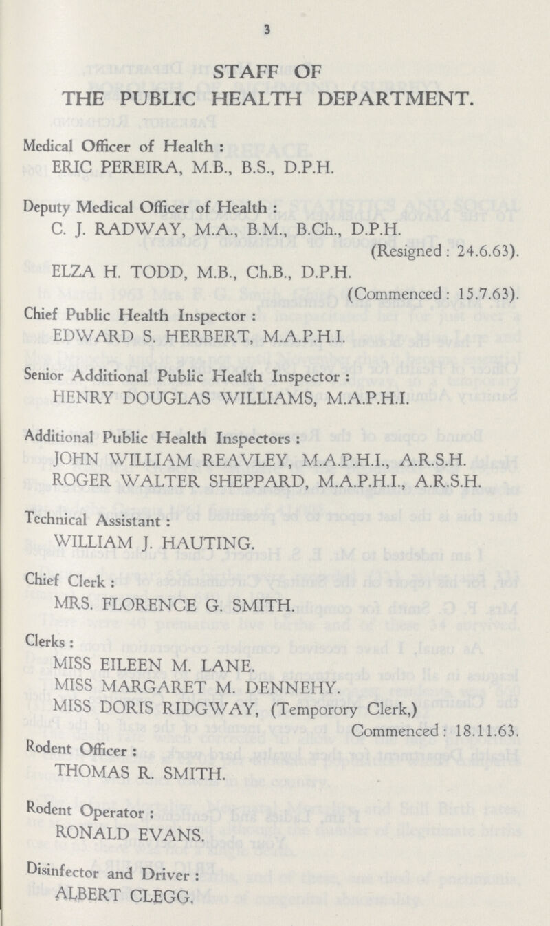 3 STAFF OF THE PUBLIC HEALTH DEPARTMENT. Medical Officer of Health : ERIC PEREIRA, M.B., B.S., D.P.H. Deputy Medical Officer of Health : C. J. RADWAY, M.A., B.M., B.Ch., D.P.H. (Resigned : 24.6.63). ELZA H. TODD, M.B., Ch.B., D.P.H. (Commenced: 15.7.63). Chief Public Health Inspector : EDWARD S. HERBERT, M.A.P.H.I. Senior Additional Public Health Inspector : HENRY DOUGLAS WILLIAMS, M.A.P.H.I. Additional Public Health Inspectors : JOHN WILLIAM REAVLEY, M.A.P.H.I., A.R.S.H. ROGER WALTER SHEPPARD, M.A.P.H.I., A.R.S.H. Technical Assistant : WILLIAM J. HAUTING. Chief Clerk : MRS. FLORENCE G. SMITH. Clerks : MISS EILEEN M. LANE. MISS MARGARET M. DENNEHY. MISS DORIS RIDGWAY, (Temporary Clerk,) Commenced: 18.11.63. Rodent Officer : THOMAS R. SMITH. Rodent Operator : RONALD EVANS. Disinfector and Driver : ALBERT CLEGG,