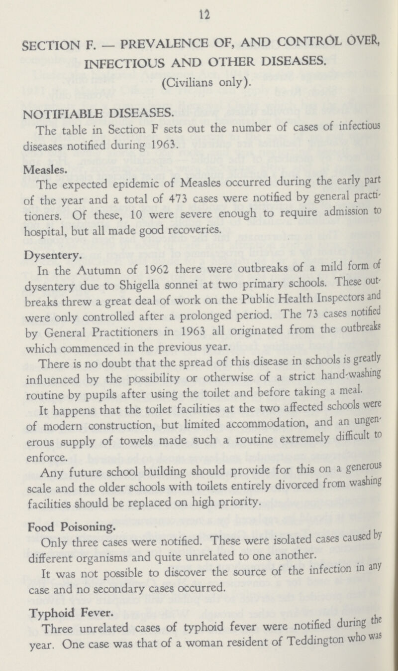 12 SECTION F. — PREVALENCE OF, AND CONTROL OVER, INFECTIOUS AND OTHER DISEASES. (Civilians only). NOTIFIABLE DISEASES. The table in Section F sets out the number of cases of infectious diseases notified during 1963. Measles. The expected epidemic of Measles occurred during the early part of the year and a total of 473 cases were notified by general practi tioners. Of these, 10 were severe enough to require admission to hospital, but all made good recoveries. Dysentery. In the Autumn of 1962 there were outbreaks of a mild form of dysentery due to Shigella sonnei at two primary schools. These out breaks threw a great deal of work on the Public Health Inspectors and were only controlled after a prolonged period. The 73 cases notified by General Practitioners in 1963 all originated from the outbreaks which commenced in the previous year. There is no doubt that the spread of this disease in schools is greatly influenced by the possibility or otherwise of a strict hand-washing routine by pupils after using the toilet and before taking a meal. It happens that the toilet facilities at the two affected schools were of modern construction, but limited accommodation, and an ungen erous supply of towels made such a routine extremely difficult to enforce. Any future school building should provide for this on a generous scale and the older schools with toilets entirely divorced from washing facilities should be replaced on high priority. Food Poisoning. Only three cases were notified. These were isolated cases caused by different organisms and quite unrelated to one another. It was not possible to discover the source of the infection in any case and no secondary cases occurred. Typhoid Fever. Three unrelated cases of typhoid fever were notified during the year. One case was that of a woman resident of Teddington who was
