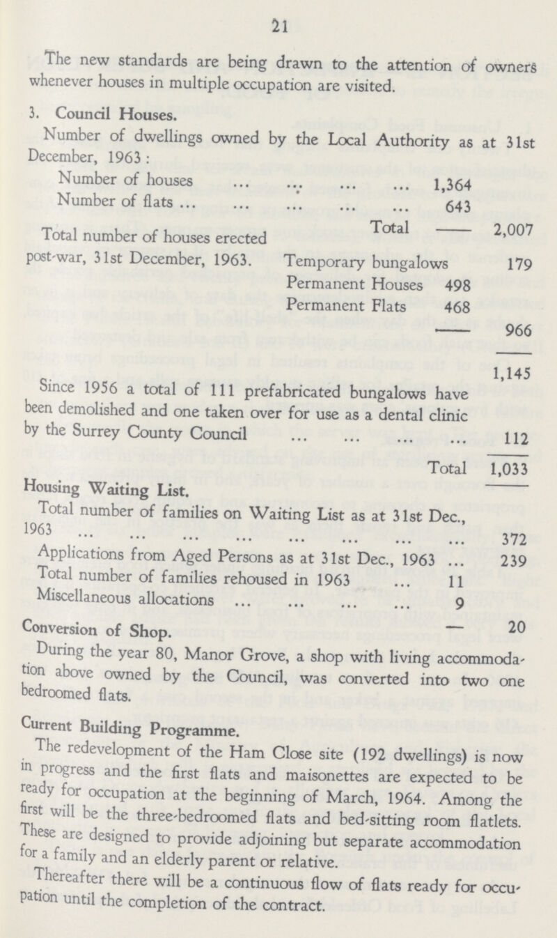 21 The new standards are being drawn to the attention of owners whenever houses in multiple occupation are visited. 3. Council Houses. Number of dwellings owned by the Local Authority as at 31st December, 1963 : Number of houses 1,364 Number of flats 643 Total 2,007 Total number of houses erected post-war, 31st December, 1963. Temporary bungalows 179 Permanent Houses 498 Permanent Flats 468 966 1,145 Since 1956 a total of 111 prefabricated bungalows have been demolished and one taken over for use as a dental clinic by the Surrey County Council 112 Total 1,033 Housing Waiting List. Total number of families on Waiting List as at 31st Dec., 1963 372 Applications from Aged Persons as at 31st Dec., 1963 239 Total number of families rehoused in 1963 11 Miscellaneous allocations 9 —20 Conversion of Shop. During the year 80, Manor Grove, a shop with living accommoda- tion above owned by the Council, was converted into two one bedroomed flats. Current Building Programme. The redevelopment of the Ham Close site (192 dwellings) is now in progress and the first flats and maisonettes are expected to be ready for occupation at the beginning of March, 1964. Among the first will be the three-bedroomed flats and bed-sitting room flatlets. These are designed to provide adjoining but separate accommodation for a family and an elderly parent or relative. Thereafter there will be a continuous flow of flats ready for occu pation until the completion of the contract.