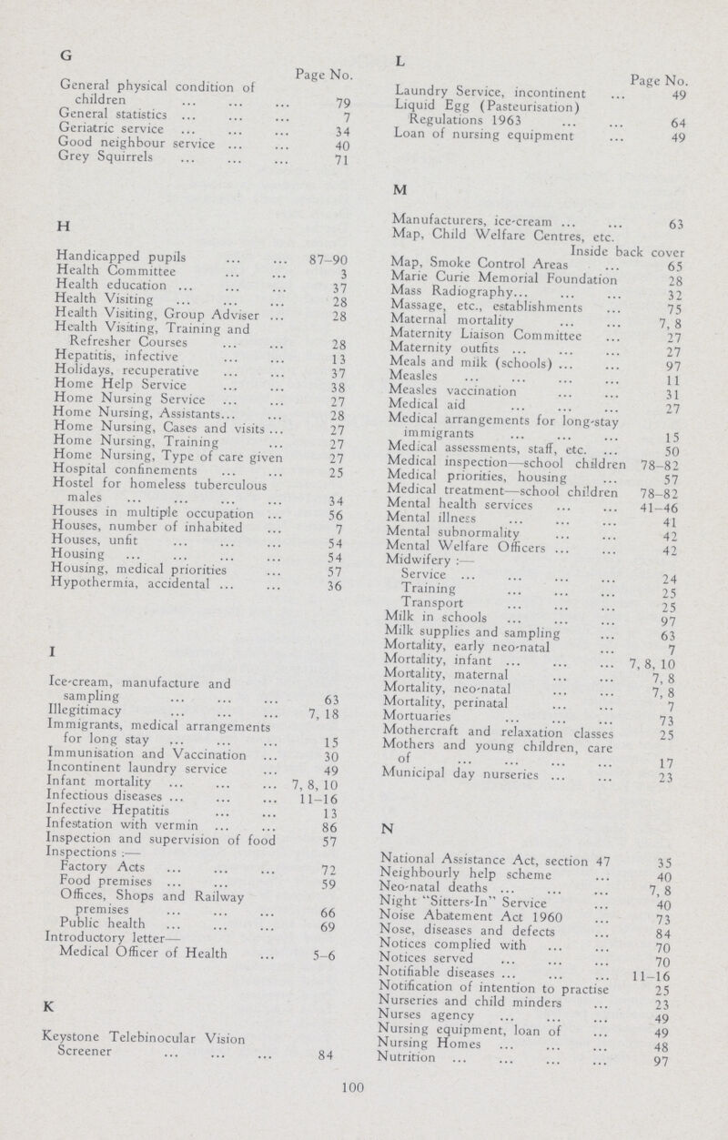 G L Page No. Page No. General physical condition of Laundry Service, incontinent 49 children 79 Liquid Egg (Pasteurisation) General statistics 7 Regulations 1963 64 Geriatric service 34 Loan of nursing equipment 49 Good neighbour service 40 Grey Squirrels 71 M Manufacturers, ice-cream 63 H Map, Child Welfare Centres, etc. Inside back cover Handicapped pupils 87—90 Map, Smoke Control Areas 65 Health Committee 3 Marie Curie Memorial Foundation 28 Health education 37 Mass Radiography 32 Health Visiting 28 Massage, etc., establishments 75 Health Visiting, Group Adviser 28 Maternal mortality 7, 8 Health Visiting, Training and Maternity Liaison Committee 27 Refresher Courses 28 Maternity outfits 27 Hepatitis, infective 13 Meals and milk (schools) 97 Holidays, recuperative 37 Measles 11 Home Help Service 38 Measles vaccination 31 Home Nursing Service 27 Medical aid 27 Home Nursing, Assistants 28 Medical arrangements for long-stay Home Nursing, Cases and visits 27 immigrants 15 Home Nursing, Training 27 Medical assessments, staff, etc. 50 Home Nursing, Type of care given 27 Medical inspection—school children 78-82 Hospital confinements 25 Medical priorities, housing 57 Hostel for homeless tuberculous Medical treatment—school children 78-82 males 34 Mental health services 41—46 Houses in multiple occupation 56 Mental illness 41 Houses, number of inhabited 7 Mental subnormality 42 Houses, unfit 54 Mental Welfare Officers 42 Housing 54 Midwifery:— Housing, medical priorities 57 Service 24 Hypothermia, accidental 36 Training 25 Transport 25 Milk in schools 97 Milk supplies and sampling 63 Mortality, early neo-natal 7 I Mortality, infant 7,8, 10 Mortality, maternal 7, 8 Ice-cream, manufacture and Mortality, neo-natal 7, 8 sampling 63 Mortality, perinatal 7 Illegitimacy 7, 18 Mortuaries 73 Immigrants, medical arrangements Mothercraft and relaxation classes 25 for long stay 15 Mothers and young children, care Immunisation and Vaccination 30 of 17 Incontinent laundry service 49 Municipal day nurseries 23 Infant mortality 7, 8, 10 Infectious diseases 11—16 Infective Hepatitis 13 Infestation with vermin 86 N Inspection and supervision of food 57 Inspections;— National Assistance Act, section 47 35 Factory Acts 72 Neighbourly help scheme 40 Food premises 59 Neo-natal deaths 7,8 Offices, Shops and Railway Night Sitters-In Service 40 premises 66 Noise Abatement Act 1960 73 Public health 69 Nose, diseases and defects 84 Introductory letter— Notices complied with 70 Medical Officer of Health 5—6 Notices served 70 Notifiable diseases 11-16 Notification of intention to practise 25 Nurseries and child minders 23 K Nurses agency 49 Nursing equipment, loan of 49 Keystone Telebinocular Vision Nursing Homes 48 Screener 84 Nutrition 97 100