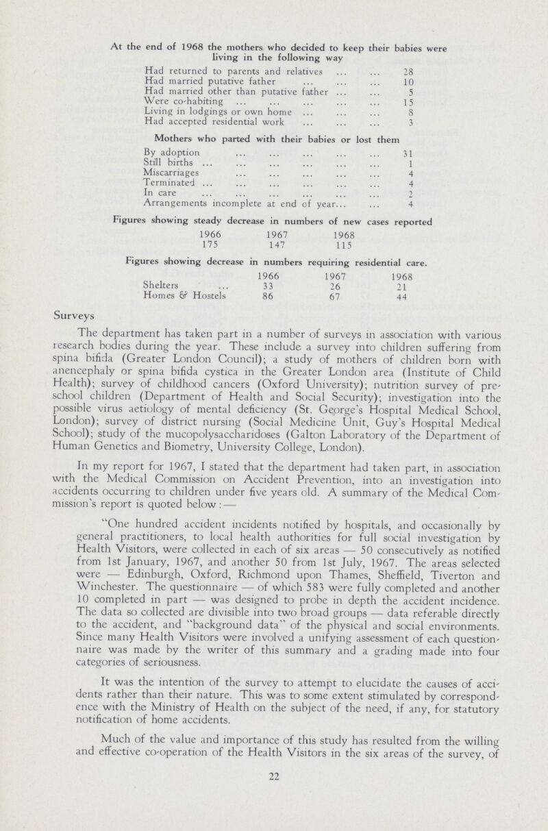 At the end of 1968 the mothers, who decided to keep their babies were living in the following way Had returned to parents and relatives 28 Had married putative father 10 Had married other than putative father 5 Were co-habiting 15 Living in lodgings or own home 8 Had accepted residential work 3 Mothers who parted with their babies or lost them By adoption 31 Still births 1 Miscarriages 4 Terminated 4 In care 2 Arrangements incomplete at end of year 4 Figures showing steady decrease in numbers of new cases reported 1966 1967 1968 175 147 115 Figures showing decrease in numbers requiring residential care. 1966 1967 1968 Shelters 33 26 21 Homes & Hostels 86 67 44 Surveys The department has taken part in a number of surveys in association with various research bodies during the year. These include a survey into children suffering from spina bifida (Greater London Council); a study of mothers of children born with anencephaly or spina bifida cystica in the Greater London area (Institute of Child Health); survey of childhood cancers (Oxford University); nutrition survey of pre school children (Department of Health and Social Security); investigation into the possible virus aetiology of mental deficiency (St. George's Hospital Medical School, London); survey of district nursing (Social Medicine Unit, Guy's Hospital Medical School); study of the mucopolysaccharidoses (Galton Laboratory of the Department of Human Genetics and Biometry, University College, London). In my report for 1967, I stated that the department had taken part, in association with the Medical Commission on Accident Prevention, into an investigation into accidents occurring to children under five years old. A summary of the Medical Com mission's report is quoted below: — One hundred accident incidents notified by hospitals, and occasionally by general practitioners, to local health authorities for full social investigation by Health Visitors, were collected in each of six areas — 50 consecutively as notified from 1st January, 1967, and another 50 from 1st July, 1967. The areas selected were — Edinburgh, Oxford, Richmond upon Thames, Sheffield, Tiverton and Winchester. The questionnaire — of which 583 were fully completed and another 10 completed in part — was designed to probe in depth the accident incidence. The data so collected are divisible into two broad groups — data referable directly to the accident, and background data of the physical and social environments. Since many Health Visitors were involved a unifying assessment of each question naire was made by the writer of this summary and a grading made into four categories of seriousness. It was the intention of the survey to attempt to elucidate the causes of acci dents rather than their nature. This was to some extent stimulated by correspond ence with the Ministry of Health on the subject of the need, if any, for statutory notification of home accidents. Much of the value and importance of this study has resulted from the willing and effective co-operation of the Health Visitors in the six areas of the survey, of 22