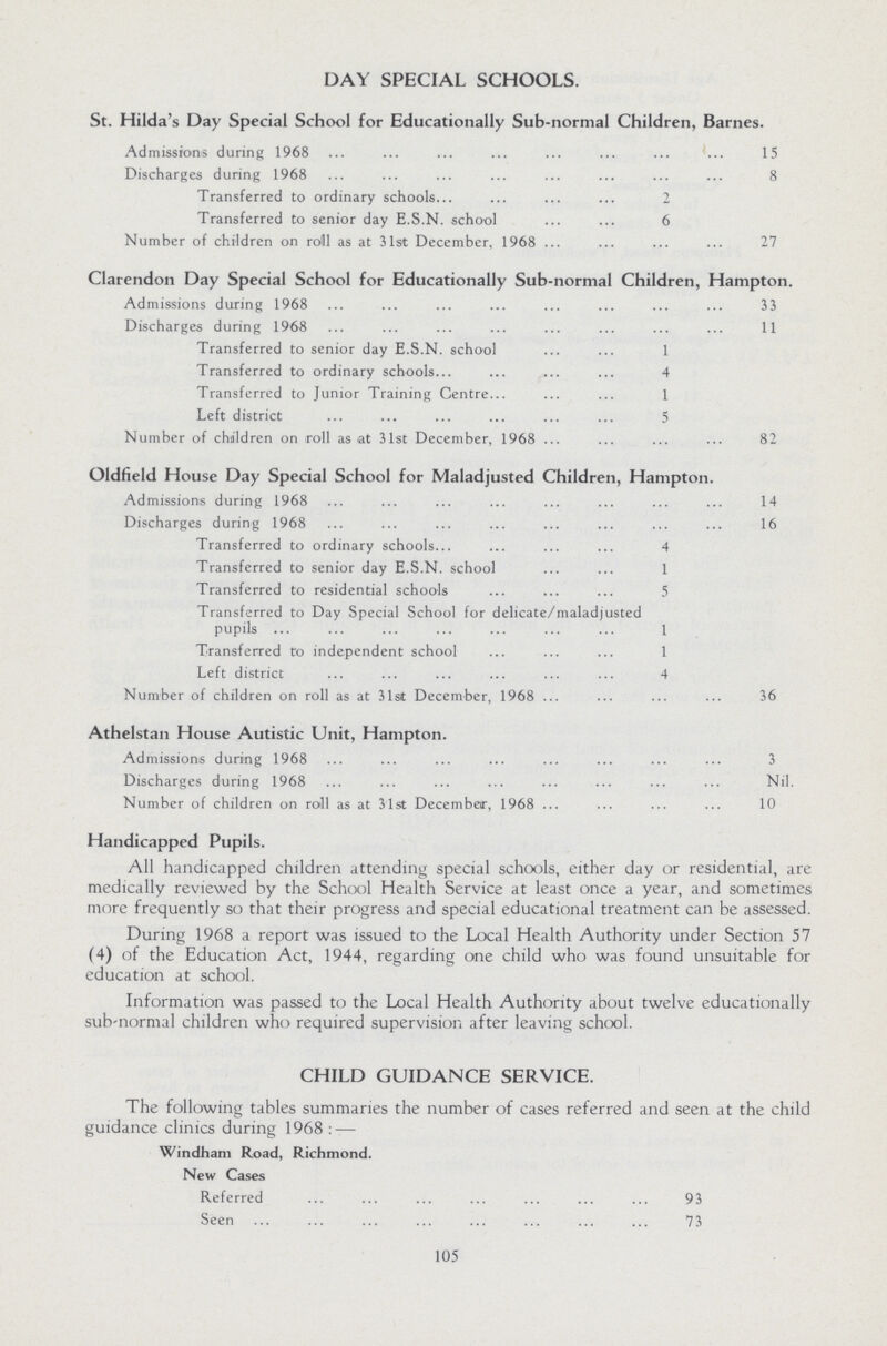 DAY SPECIAL SCHOOLS. St. Hilda's Day Special School for Educationally Sub-normal Children, Barnes. Admissions during 1968 15 Discharges during 1968 8 Transferred to ordinary schools 2 Transferred to senior day E.S.N, school 6 Number of children on roll as at 31st December, 1968 27 Clarendon Day Special School for Educationally Sub-normal Children, Hampton. Admissions during 1968 3 3 Discharges during 1968 11 Transferred to senior day E.S.N, school 1 Transferred to ordinary schools 4 Transferred to Junior Training Centre 1 Left district 5 Number of children on roll as at 31st December, 1968 82 Oldfield House Day Special School for Maladjusted Children, Hampton. Admissions during 1968 14 Discharges during 1968 16 Transferred to ordinary schools 4 Transferred to senior day E.S.N, school 1 Transferred to residential schools 5 Transferred to Day Special School for delicate/maladjusted pupils 1 Transferred to independent school 1 Left district 4 Number of children on roll as at 31st December, 1968 36 Athelstan House Autistic Unit, Hampton. Admissions during 1968 3 Discharges during 1968 Nil. Number of children on roll as at 31st December, 1968 10 Handicapped Pupils. All handicapped children attending special schools, either day or residential, are medically reviewed by the School Health Service at least once a year, and sometimes more frequently so that their progress and special educational treatment can be assessed. During 1968 a report was issued to the Local Health Authority under Section 57 (4) of the Education Act, 1944, regarding one child who was found unsuitable for education at school. Information was passed to the Local Health Authority about twelve educationally sub-normal children who required supervision after leaving school. CHILD GUIDANCE SERVICE. The following tables summaries the number of cases referred and seen at the child guidance clinics during 1968 :— Windham Road, Richmond. New Cases Referred 93 Seen 73 105