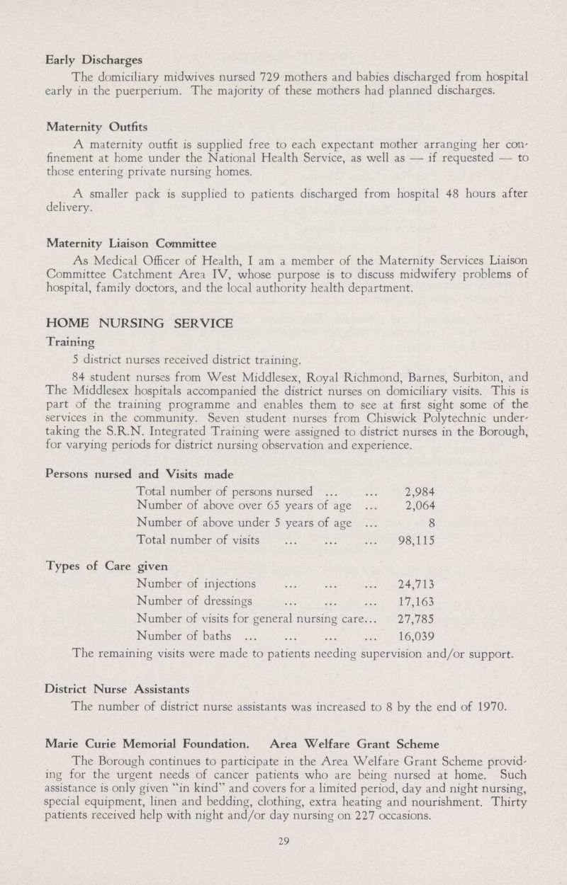 Early Discharges The domiciliary midwives nursed 729 mothers and babies discharged from hospital early in the puerperium. The majority of these mothers had planned discharges. Maternity Outfits A maternity outfit is supplied free to each expectant mother arranging her con finement at home under the National Health Service, as well as — if requested — to those entering private nursing homes. A smaller pack is supplied to patients discharged from hospital 48 hours after delivery. Maternity Liaison Committee As Medical Officer of Health, I am a member of the Maternity Services Liaison Committee Catchment Area IV, whose purpose is to discuss midwifery problems of hospital, family doctors, and the local authority health department. HOME NURSING SERVICE Training 5 district nurses received district training. 84 student nurses from West Middlesex, Royal Richmond, Barnes, Surbiton, and The Middlesex hospitals accompanied the district nurses on domiciliary visits. This is part of the training programme and enables them to see at first sight some of the services in the community. Seven student nurses from Chiswick Polytechnic under taking the S.R.N. Integrated Training were assigned to district nurses in the Borough, for varying periods for district nursing observation and experience. Persons nursed and Visits made Total number of persons nursed 2,984 Number of above over 65 years of age 2,064 Number of above under 5 years of age 8 Total number of visits 98,115 Types of Care given Number of injections 24,713 Number of dressings 17,163 Number of visits for general nursing care 27,785 Number of baths 16,039 The remaining visits were made to patients needing supervision and/or support. District Nurse Assistants The number of district nurse assistants was increased to 8 by the end of 1970. Marie Curie Memorial Foundation. Area Welfare Grant Scheme The Borough continues to participate in the Area Welfare Grant Scheme provid ing for the urgent needs of cancer patients who are being nursed at home. Such assistance is only given in kind and covers for a limited period, day and night nursing, special equipment, linen and bedding, clothing, extra heating and nourishment. Thirty patients received help with night and/or day nursing on 227 occasions. 29