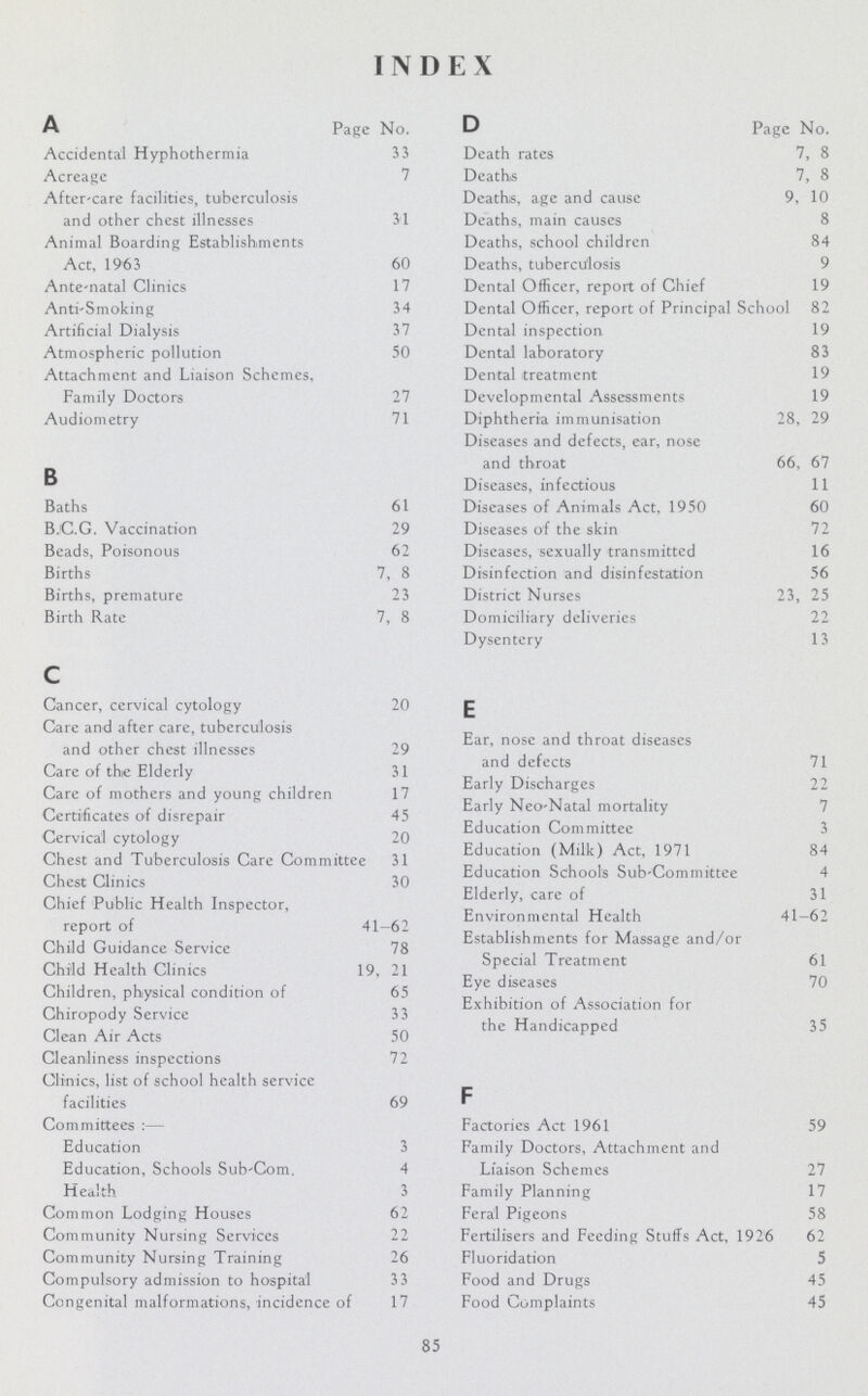 INDEX A Page No. Accidental Hyphothermia 33 Acreage 7 After-care facilities, tuberculosis and other chest illnesses 31 Animal Boarding Establishments Act, 1963 60 Ante-natal Clinics 17 Anti-Smoking 34 Artificial Dialysis 37 Atmospheric pollution 50 Attachment and Liaison Schemes, Family Doctors 27 Audiometry 71 B Baths 61 B.'C.G. Vaccination 29 Beads, Poisonous 62 Births 7, 8 Births, premature 23 Birth Rate 7, 8 c Cancer, cervical cytology 20 Care and after care, tuberculosis and other chest illnesses 29 Care of the Elderly 31 Care of mothers and young children 17 Certificates of disrepair 45 Cervical cytology 20 Chest and Tuberculosis Care Committee 31 Chest Clinics 30 Chief Public Health Inspector, report of 41-62 Child Guidance Service 78 Child Health Clinics 19, 21 Children, physical condition of 65 Chiropody Service 33 Clean Air Acts 50 Cleanliness inspections 72 Clinics, list of school health service facilities 69 Committees:— Education 3 Education, Schools Sub-Com. 4 Health 3 Common Lodging Houses 62 Community Nursing Services 22 Community Nursing Training 26 Compulsory admission to hospital 33 Congenital malformations, incidence of 17 D Page No. Death rates 7, 8 Deaths 7, 8 Deaths, age and cause 9, 10 Deaths, main causes 8 Deaths, school children 84 Deaths, tuberculosis 9 Dental Officer, report of Chief 19 Dental Officer, report of Principal School 82 Dental inspection 19 Dental laboratory 83 Dental treatment 19 Developmental Assessments 19 Diphtheria immunisation 28, 29 Diseases and defects, ear, nose and throat 66, 67 Diseases, infectious 11 Diseases of Animals Act, 1950 60 Diseases of the skin 72 Diseases, sexually transmitted 16 Disinfection and disinfestation 56 District Nurses 23, 25 Domiciliary deliveries 22 Dysentery 13 E Ear, nose and throat diseases and defects 71 Early Discharges 22 Early Neo-Natal mortality 7 Education Committee 3 Education (Milk) Act, 1971 84 Education Schools Sub-Committee 4 Elderly, care of 31 Environmental Health 41-62 Establishments for Massage and/or Special Treatment 61 Eye diseases 70 Exhibition of Association for the Handicapped 35 F Factories Act 1961 59 Family Doctors, Attachment and Liaison Schemes 27 Family Planning 17 Feral Pigeons 58 Fertilisers and Feeding Stuffs Act, 1926 62 Fluoridation 5 Food and Drugs 45 Food Complaints 45 85