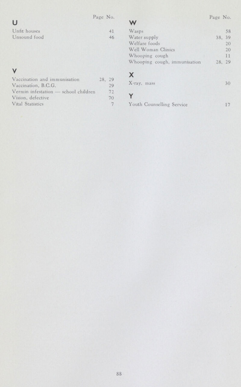 Page No. u Unfit houses 41 Unsound food 46 V Vaccination and immunisation 28, 29 Vaccination, B.C.G. 29 Vermin infestation — school children 72 Vision, defective 70 Vital Statistics 7 Page No. w Wasps 58 Water supply 38, 39 Welfare foods 20 Well Woman Clinics 20 Whooping cough 11 Whooping cough, immunisation 28, 29 x X'ray, mass 30 Y Youth Counselling Service 17 88