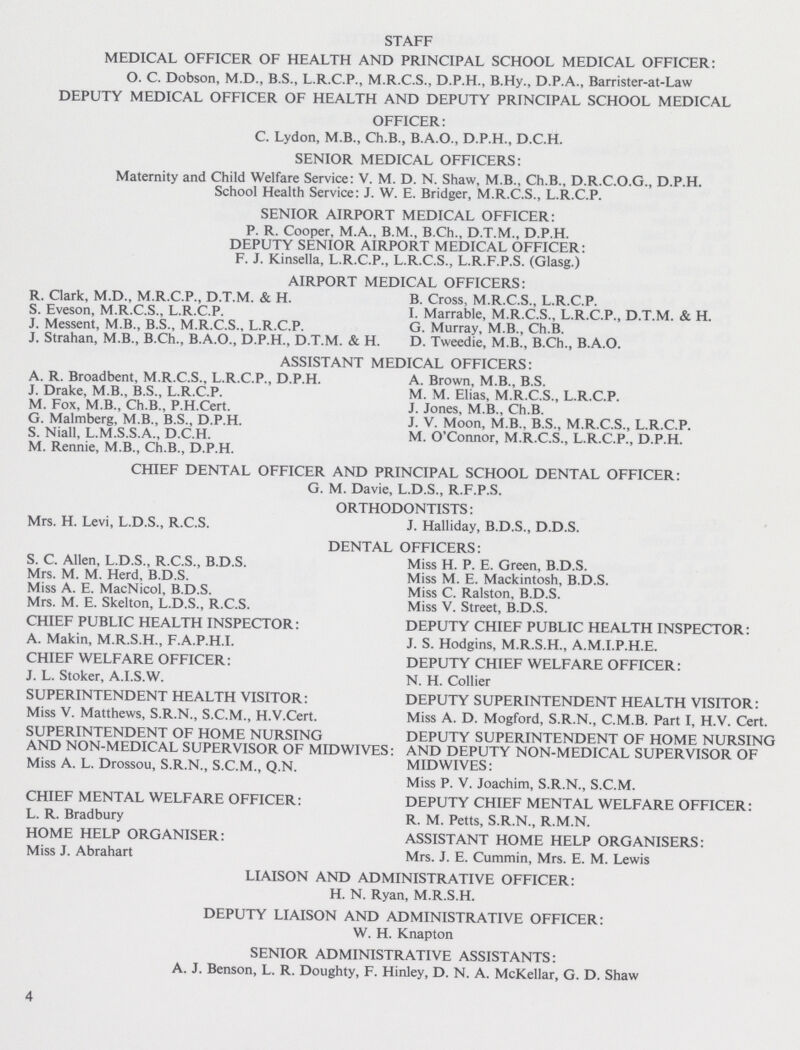 STAFF MEDICAL OFFICER OF HEALTH AND PRINCIPAL SCHOOL MEDICAL OFFICER: O. C. Dobson, M.D., B.S., L.R.C.P., M.R.C.S., D.P.H., B.Hy., D.P.A., Barrister-at-Law DEPUTY MEDICAL OFFICER OF HEALTH AND DEPUTY PRINCIPAL SCHOOL MEDICAL OFFICER: C. Lydon, M.B., Ch.B., B.A.O., D.P.H., D.C.H. SENIOR MEDICAL OFFICERS: Maternity and Child Welfare Service: V. M. D. N. Shaw, M.B., Ch.B., D.R.C.O.G., D.P.H. School Health Service: J. W. E. Bridger, M.R.C.S., L.R.C.P. SENIOR AIRPORT MEDICAL OFFICER: P. R. Cooper, M.A., B.M., B.Ch., D.T.M., D.P.H. DEPUTY SENIOR AIRPORT MEDICAL OFFICER: F. J. Kinsella, L.R.C.P., L.R.C.S., L.R.F.P.S. (Glasg.) AIRPORT MEDICAL OFFICERS: R. Clark, M.D., M.R.C.P., D.T.M. & H. S. Eveson, M.R.C.S., L.R.C.P. J. Messent, M.B., B.S., M.R.C.S., L.R.C.P. J. Strahan, M.B., B.Ch., B.A.O., D.P.H., D.T.M. & H. B. Cross, M.R.C.S., L.R.C.P. I. Marrable, M.R.C.S., L.R.C.P., D.T.M. & H. G. Murray, M.B., Ch.B. D. Tweedie, M.B., B.Ch., B.A.O. ASSISTANT MEDICAL OFFICERS: A. R. Broadbent, M.R.C.S., L.R.C.P., D.P.H. J. Drake, M.B., B.S., L.R.C.P. M. Fox, M.B., Ch.B., P.H.Cert. G. Malmberg, M.B., B.S., D.P.H. S. Niall, L.M.S.S.A., D.C.H. M. Rennie, M.B., Ch.B., D.P.H. A. Brown, M.B., B.S. M. M. Elias, M.R.C.S., L.R.C.P. J. Jones, M.B., Ch.B. J. V. Moon, M.B., B.S., M.R.C.S., L.R.C.P. M. O'Connor, M.R.C.S., L.R.C.P., D.P.H. CHIEF DENTAL OFFICER AND PRINCIPAL SCHOOL DENTAL OFFICER: G. M. Davie, L.D.S., R.F.P.S. ORTHODONTISTS: J. Halliday, B.D.S., D.D.S. DENTAL OFFICERS: Mrs. H. Levi, L.D.S., R.C.S. S. C. Allen, L.D.S., R.C.S., B.D.S. Mrs. M. M. Herd, B.D.S. Miss A. E. MacNicol, B.D.S. Mrs. M. E. Skelton, L.D.S., R.C.S. CHIEF PUBLIC HEALTH INSPECTOR: A. Makin, M.R.S.H., F.A.P.H.I. CHIEF WELFARE OFFICER: Miss H. P. E. Green, B.D.S. Miss M. E. Mackintosh, B.D.S. Miss C. Ralston, B.D.S. Miss V. Street, B.D.S. DEPUTY CHIEF PUBLIC HEALTH INSPECTOR: J. S. Hodgins, M.R.S.H., A.M.I.P.H.E. DEPUTY CHIEF WELFARE OFFICER: N. H. Collier DEPUTY SUPERINTENDENT HEALTH VISITOR: Miss A. D. Mogford, S.R.N., C.M.B. Part I, H.V. Cert. DEPUTY SUPERINTENDENT OF HOME NURSING AND DEPUTY NON-MEDICAL SUPERVISOR OF MIDWIVES: Miss P. V. Joachim, S.R.N., S.C.M. DEPUTY CHIEF MENTAL WELFARE OFFICER: R. M. Petts, S.R.N., R.M.N. ASSISTANT HOME HELP ORGANISERS: Mrs. J. E. Cummin, Mrs. E. M. Lewis J. L. Stoker, A.I.S.W. SUPERINTENDENT HEALTH VISITOR: Miss V. Matthews, S.R.N., S.C.M., H.V.Cert. SUPERINTENDENT OF HOME NURSING AND NON-MEDICAL SUPERVISOR OF MIDWIVES: Miss A. L. Drossou, S.R.N., S.C.M., Q.N. CHIEF MENTAL WELFARE OFFICER: L. R. Bradbury HOME HELP ORGANISER: Miss J. Abrahart LIAISON AND ADMINISTRATIVE OFFICER: H. N. Ryan, M.R.S.H. DEPUTY LIAISON AND ADMINISTRATIVE OFFICER: W. H. Knapton SENIOR ADMINISTRATIVE ASSISTANTS: A. J. Benson, L. R. Doughty, F. Hinley, D. N. A. McKellar, G. D. Shaw 4