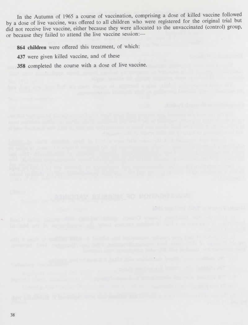 In the Autumn of 1965 a course of vaccination, comprising a dose of killed vaccine followed by a dose of live vaccine, was offered to all children who were registered for the original trial but did not receive live vaccine, either because they were allocated to the unvaccinated (control) group, or because they failed to attend the live vaccine session:— 864 children were offered this treatment, of which: 437 were given killed vaccine, and of these 358 completed the course with a dose of live vaccine. 38