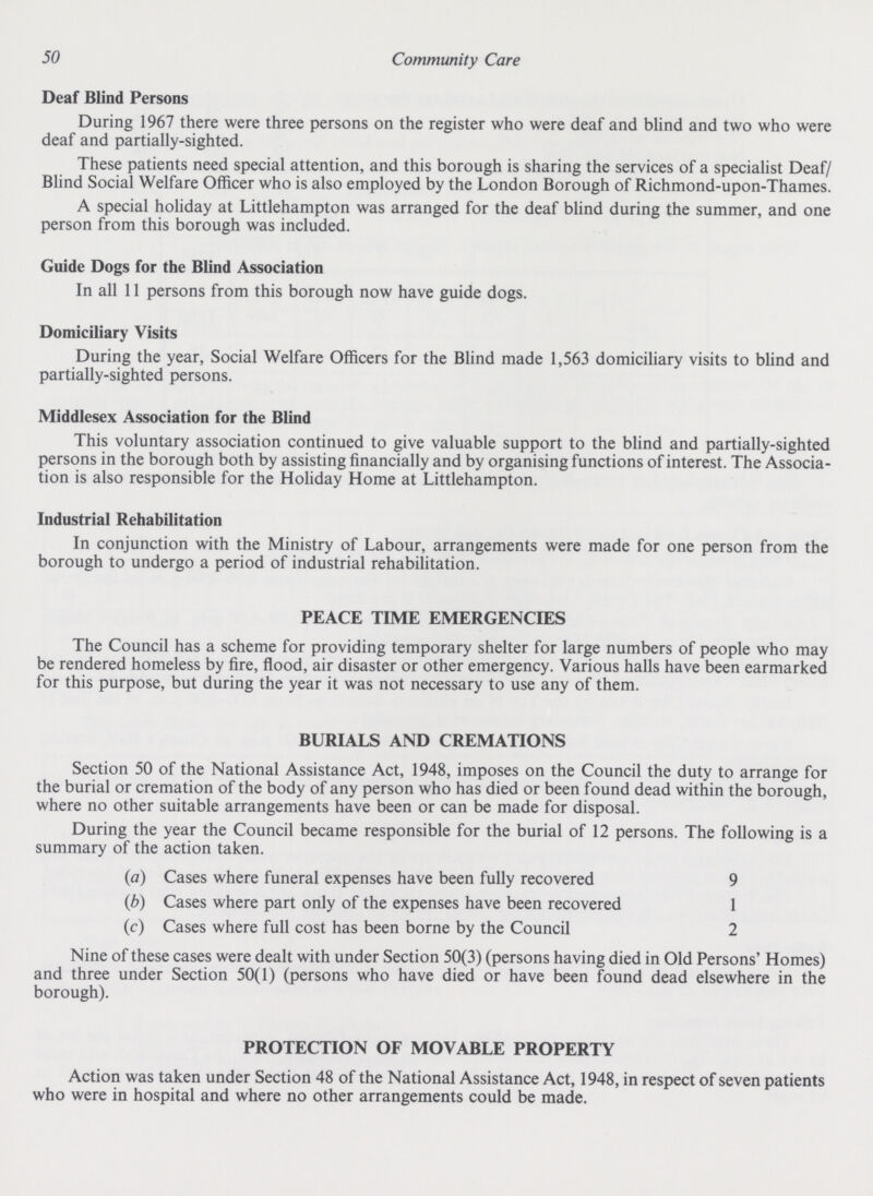 50 Community Care Deaf Blind Persons During 1967 there were three persons on the register who were deaf and blind and two who were deaf and partially-sighted. These patients need special attention, and this borough is sharing the services of a specialist Deaf/ Blind Social Welfare Officer who is also employed by the London Borough of Richmond-upon-Thames. A special holiday at Littlehampton was arranged for the deaf blind during the summer, and one person from this borough was included. Guide Dogs for the Blind Association In all 11 persons from this borough now have guide dogs. Domiciliary Visits During the year, Social Welfare Officers for the Blind made 1,563 domiciliary visits to blind and partially-sighted persons. Middlesex Association for the Blind This voluntary association continued to give valuable support to the blind and partially-sighted persons in the borough both by assisting financially and by organising functions of interest. The Associa tion is also responsible for the Holiday Home at Littlehampton. Industrial Rehabilitation In conjunction with the Ministry of Labour, arrangements were made for one person from the borough to undergo a period of industrial rehabilitation. PEACE TIME EMERGENCIES The Council has a scheme for providing temporary shelter for large numbers of people who may be rendered homeless by fire, flood, air disaster or other emergency. Various halls have been earmarked for this purpose, but during the year it was not necessary to use any of them. BURIALS AND CREMATIONS Section 50 of the National Assistance Act, 1948, imposes on the Council the duty to arrange for the burial or cremation of the body of any person who has died or been found dead within the borough, where no other suitable arrangements have been or can be made for disposal. During the year the Council became responsible for the burial of 12 persons. The following is a summary of the action taken. (a) Cases where funeral expenses have been fully recovered 9 (b) Cases where part only of the expenses have been recovered 1 (c) Cases where full cost has been borne by the Council 2 Nine of these cases were dealt with under Section 50(3) (persons having died in Old Persons' Homes) and three under Section 50(1) (persons who have died or have been found dead elsewhere in the borough). PROTECTION OF MOVABLE PROPERTY Action was taken under Section 48 of the National Assistance Act, 1948, in respect of seven patients who were in hospital and where no other arrangements could be made.