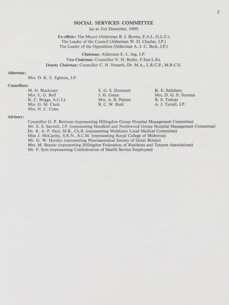 5 SOCIAL SERVICES COMMITTEE (as at 31st December, 1969) Ex-officio: The Mayor (Alderman B. J. Brown, F.A.I., G.L.C.) The Leader of the Council (Alderman W. D. Charles, J.P.) The Leader of the Opposition (Alderman A. J. C. Beck, J.P.) Chairman: Alderman E. L. Ing, J.P. Vice-Chairman: Councillor N. H. Butler, F.Inst.L.Ex. Deputy Chairman: Councillor C. H. Nemeth, Dr. M.A., L.R.C.P., M.R.C.S. Alderman: Mrs. D. K. E. Egleton, J.P. Councillors: M. H. Blackman Mrs. E. G. BofF K. C. Briggs, A.C.I.I. Mrs. G. M. Clark Mrs. N. C. Coles E. G. S. Dommett J. H. Green Mrs. A. B. Palmer B. C. W. Reid K. E. Salisbury Mrs. D. G. E. Surman R. S. Treloar A. J. Tyrrell, J.P. Advisory: Councillor G. P. Buttrum (representing Hillingdon Group Hospital Management Committee) Mr. E. S. Saywell, J.P. (representing Harefield and Northwood Group Hospital Management Committee) Dr. R. A. P. Paul, M.B., Ch.B. (representing Middlesex Local Medical Committee) Miss J. McCarthy, S.R.N., S.C.M. (representing Royal College of Midwives) Mr. G. W. Horsley (representing Pharmaceutical Society of Great Britain) Mrs. M. Brazier (representing Hillingdon Federation of Residents and Tenants Associations) Mr. F. Sym (representing Confederation of Health Service Employees)