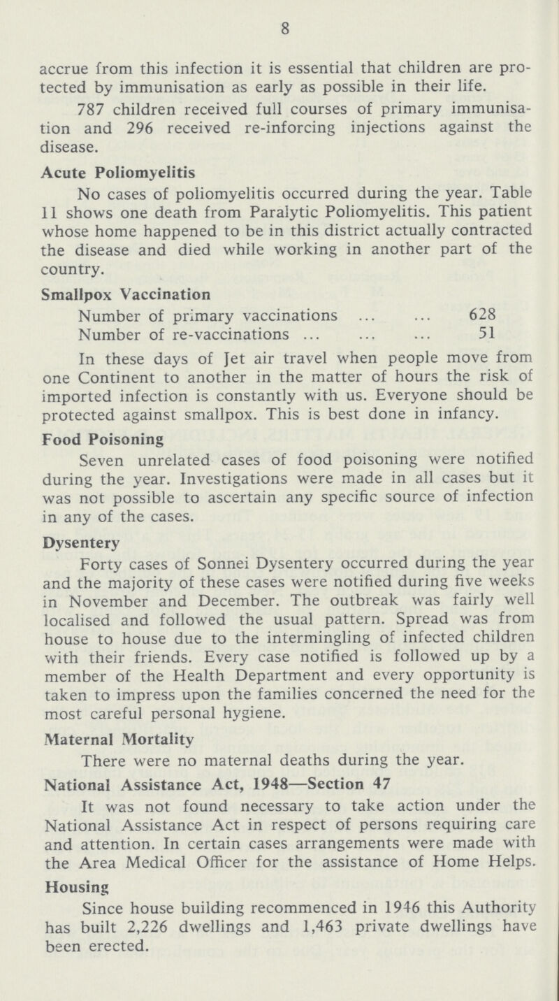 8 accrue from this infection it is essential that children are pro tected by immunisation as early as possible in their life. 787 children received full courses of primary immunisa tion and 296 received re-inforcing injections against the disease. Acute Poliomyelitis No cases of poliomyelitis occurred during the year. Table 11 shows one death from Paralytic Poliomyelitis. This patient whose home happened to be in this district actually contracted the disease and died while working in another part of the country. Smallpox Vaccination Number of primary vaccinations 628 Number of re-vaccinations 51 In these days of Jet air travel when people move from one Continent to another in the matter of hours the risk of imported infection is constantly with us. Everyone should be protected against smallpox. This is best done in infancy. Food Poisoning Seven unrelated cases of food poisoning were notified during the year. Investigations were made in all cases but it was not possible to ascertain any specific source of infection in any of the cases. Dysentery Forty cases of Sonnei Dysentery occurred during the year and the majority of these cases were notified during five weeks in November and December. The outbreak was fairly well localised and followed the usual pattern. Spread was from house to house due to the intermingling of infected children with their friends. Every case notified is followed up by a member of the Health Department and every opportunity is taken to impress upon the families concerned the need for the most careful personal hygiene. Maternal Mortality There were no maternal deaths during the year. National Assistance Act, 1948—Section 47 It was not found necessary to take action under the National Assistance Act in respect of persons requiring care and attention. In certain cases arrangements were made with the Area Medical Officer for the assistance of Home Helps. Housing Since house building recommenced in 1946 this Authority has built 2,226 dwellings and 1,463 private dwellings have been erected.