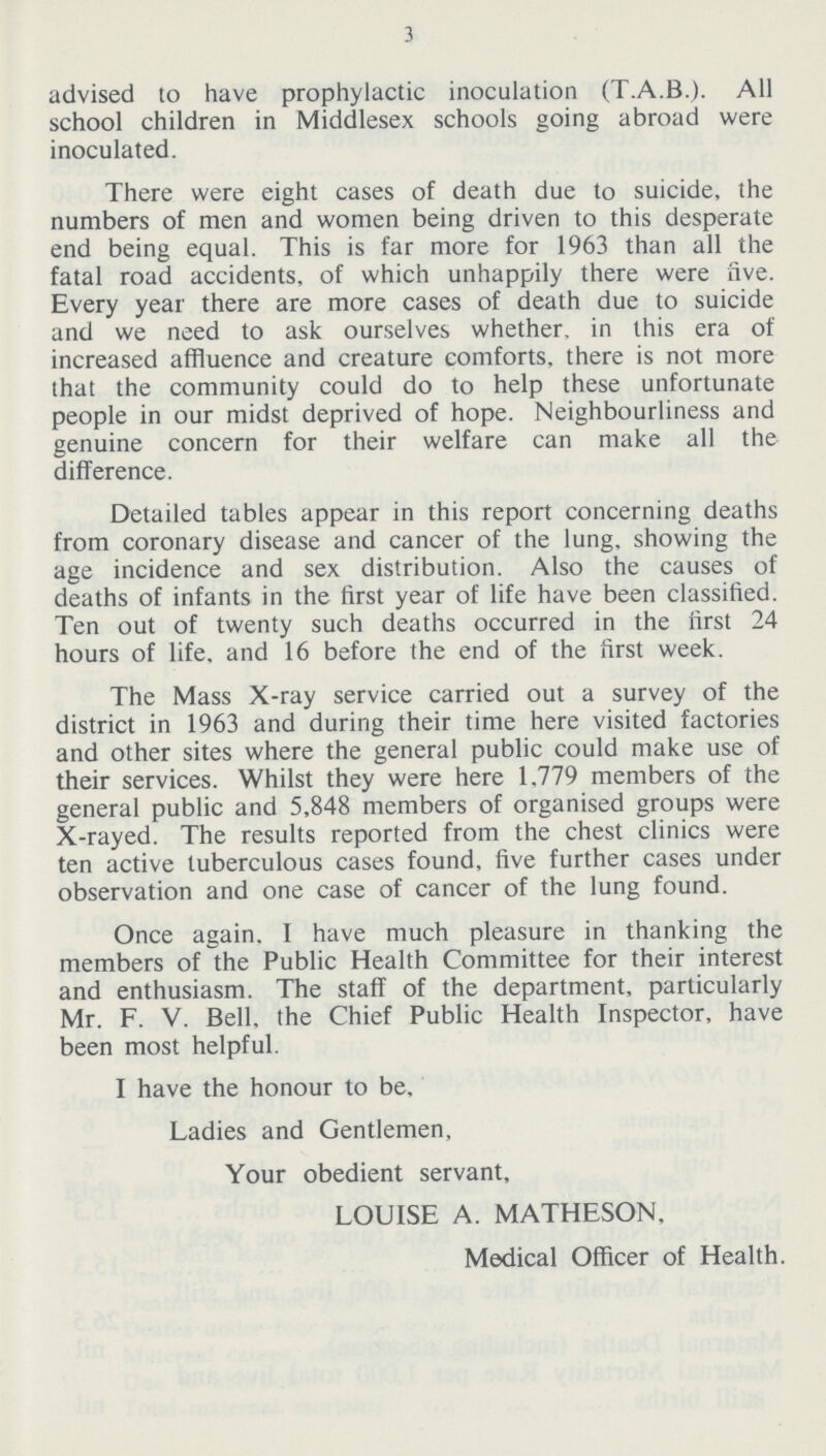 3 advised to have prophylactic inoculation (T.A.B.). All school children in Middlesex schools going abroad were inoculated. There were eight cases of death due to suicide, the numbers of men and women being driven to this desperate end being equal. This is far more for 1963 than all the fatal road accidents, of which unhappily there were five. Every year there are more cases of death due to suicide and we need to ask ourselves whether, in this era of increased affluence and creature comforts, there is not more that the community could do to help these unfortunate people in our midst deprived of hope. Neighbourliness and genuine concern for their welfare can make all the difference. Detailed tables appear in this report concerning deaths from coronary disease and cancer of the lung, showing the age incidence and sex distribution. Also the causes of deaths of infants in the first year of life have been classified. Ten out of twenty such deaths occurred in the first 24 hours of life, and 16 before the end of the first week. The Mass X-ray service carried out a survey of the district in 1963 and during their time here visited factories and other sites where the general public could make use of their services. Whilst they were here 1,779 members of the general public and 5,848 members of organised groups were X-rayed. The results reported from the chest clinics were ten active tuberculous cases found, five further cases under observation and one case of cancer of the lung found. Once again. I have much pleasure in thanking the members of the Public Health Committee for their interest and enthusiasm. The staff of the department, particularly Mr. F. V. Bell, the Chief Public Health Inspector, have been most helpful. I have the honour to be. Ladies and Gentlemen, Your obedient servant, LOUISE A. MATHESON. Medical Officer of Health.