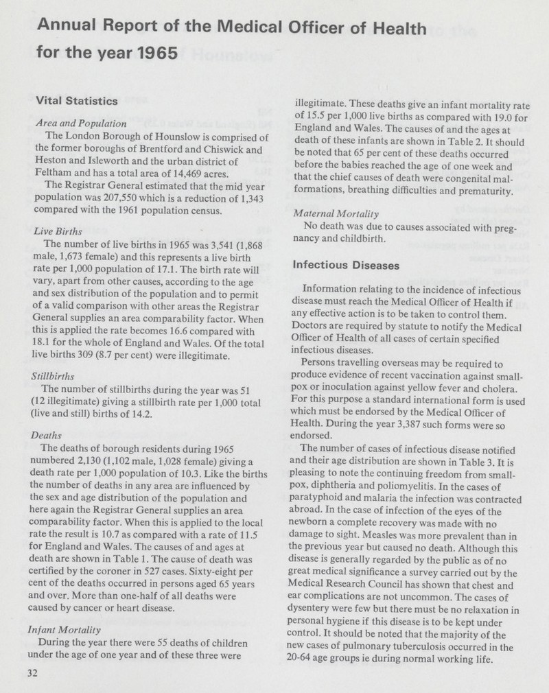 Annual Report of the Medical Officer of Health for the year 1965 Vital Statistics Area and Population The London Borough of Hounslow is comprised of the former boroughs of Brentford and Chiswick and Heston and Isleworth and the urban district of Feltham and has a total area of 14,469 acres. The Registrar General estimated that the mid year population was 207,550 which is a reduction of 1,343 compared with the 1961 population census. Live Births The number of live births in 1965 was 3,541 (1,868 male, 1,673 female) and this represents a live birth rate per 1,000 population of 17.1. The birth rate will vary, apart from other causes, according to the age and sex distribution of the population and to permit of a valid comparison with other areas the Registrar General supplies an area comparability factor. When this is applied the rate becomes 16.6 compared with 18.1 for the whole of England and Wales. Of the total live births 309 (8.7 per cent) were illegitimate. Stillbirths The number of stillbirths during the year was 51 (12 illegitimate) giving a stillbirth rate per 1,000 total (live and still) births of 14.2. Deaths The deaths of borough residents during 1965 numbered 2,130 (1,102 male, 1,028 female) giving a death rate per 1,000 population of 10.3. Like the births the number of deaths in any area are influenced by the sex and age distribution of the population and here again the Registrar General supplies an area comparability factor. When this is applied to the local rate the result is 10.7 as compared with a rate of 11.5 for England and Wales. The causes of and ages at death are shown in Table 1. The cause of death was certified by the coroner in 527 cases. Sixty-eight per cent of the deaths occurred in persons aged 65 years and over. More than one-half of all deaths were caused by cancer or heart disease. Infant Mortality During the year there were 55 deaths of children under the age of one year and of these three were illegitimate. These deaths give an infant mortality rate of 15.5 per 1,000 live births as compared with 19.0 for England and Wales. The causes of and the ages at death of these infants are shown in Table 2. It should be noted that 65 per cent of these deaths occurred before the babies reached the age of one week and that the chief causes of death were congenital mal formations, breathing difficulties and prematurity. Maternal Mortality No death was due to causes associated with preg nancy and childbirth. Infectious Diseases Information relating to the incidence of infectious disease must reach the Medical Officer of Health if any effective action is to be taken to control them. Doctors are required by statute to notify the Medical Officer of Health of all cases of certain specified infectious diseases. Persons travelling overseas may be required to produce evidence of recent vaccination against small pox or inoculation against yellow fever and cholera. For this purpose a standard international form is used which must be endorsed by the Medical Officer of Health. During the year 3,387 such forms were so endorsed. The number of cases of infectious disease notified and their age distribution are shown in Table 3. It is pleasing to note the continuing freedom from small pox, diphtheria and poliomyelitis. In the cases of paratyphoid and malaria the infection was contracted abroad. In the case of infection of the eyes of the newborn a complete recovery was made with no damage to sight. Measles was more prevalent than in the previous year but caused no death. Although this disease is generally regarded by the public as of no great medical significance a survey carried out by the Medical Research Council has shown that chest and ear complications are not uncommon. The cases of dysentery were few but there must be no relaxation in personal hygiene if this disease is to be kept under control. It should be noted that the majority of the new cases of pulmonary tuberculosis occurred in the 20-64 age groups ie during normal working life. 32