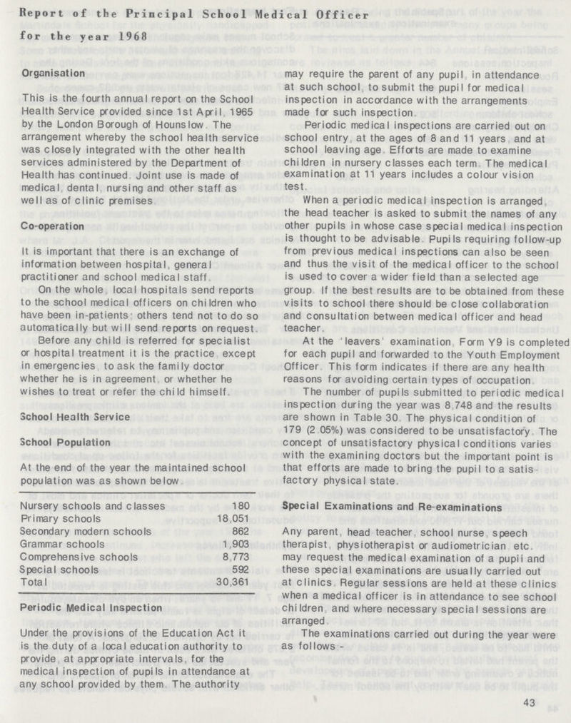 Report of the Principal School Medical Officer for the year 1968 Organisation This is the fourth annual report on the School Health Service provided since 1st April 1965 by the London Borough of Hounslow The arrangement whereby the school health service was closely integrated with the other health services administered by the Department of Health has continued Joint use is made of medical dental nursing and other staff as well as of clinic premises Co-operation It is important that there is an exchange of information between hospital, general practitioner and school medical staff On the whole local hospitals send reports to the school medical officers on children who have been in-patients - others tend not to do so automatically but will send reports on request Before any child is referred for specialist or hospital treatment it is the practice except in emergencies to ask the fami ly doctor whether he is in agreement or whether he wishes to treat or refer the chi Id himself. School Health Service School Population At the end of the year the maintained school population was as shown below Nursery schools and c lasses 180 Primary schools 18,051 Secondary modern schools 862 Grammar schools 1,903 Comprehensive schools 8,773 Special schools 592 Total 30,361 Periodic Medical Inspection Under the provisions of the Education Act it is the duty of a local education authority to provide at appropriate intervals, for the medical inspection of pupils in attendance at any school provided by them The authority may require the parent of any pupil in attendance at such school to submit the pupi I for medical inspection in accordance with the arrangements made for such inspection Periodic medical inspections are carried out on school entry at the ages of 8 and 11 years and at school leaving age Efforts are made to examine children in nursery classes each term The medical examination at 11 years includes a colour vision test. When a periodic medical inspection is arranged the head teacher is asked to submit the names of any other pupils in whose case special medical inspection is thought to be advisable Pupils requiring follow-up from previous medical inspections can also be seen and thus the visit of the medical officer to the school is used to cover a wider field than a selected age group If the best results are to be obtained from these visits to school there should be close collaboration and consultation between medical officer and head teacher. At the leavers' examination Form Y9 is completed for each pupil and forwarded to the Youth Employment Officer This form indicates if there are any health reasons for avoiding certain types of occupation The number of pupils submitted to periodic medical inspection during the year was 8 748 and the results are shown in Table 30 The physical condition of 179 (2 05%) was considered to be unsatisfactory The concept of unsatisfactory physical conditions varies with the examining doctors but the important point is that efforts are made to bring the pupil to a satis factory physical state Special Examinations and Re examinations Any parent, head teacher school nurse speech therapist physiotherapist or audiometrician etc may request the medical examination of a pupii and these special examinations are usually carried out at clinics Regular sessions are held at these clinics when a medical officer is in attendance to see school children and where necessary special sessions are arranged The examinations carried out during the year were as follows:- 43