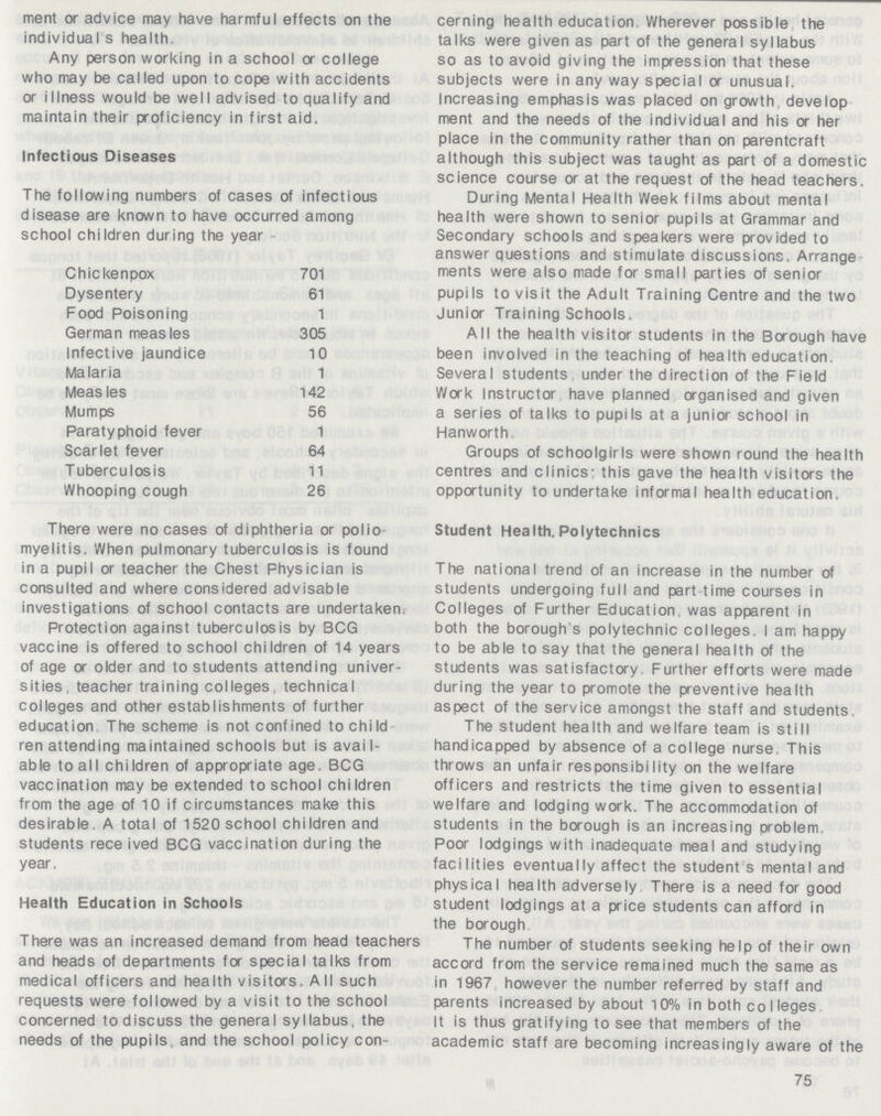 ment or advice may have harmful effects on the individual s health. Any person working in a school or college who may be called upon to cope with accidents or iIIness wou Id be well adv ised to quaIify and maintain their proficiency in first aid. Infectious Diseases The following numbers of cases of infectious disease are known to have occurred among school children during the year Chickenpox 701 Dysentery 61 Food Poisoning 1 German measles 305 Infective jaundice 10 Malaria 1 Measles 142 Mumps 56 Paratyphoid fever 1 Scarlet fever 64 Tuberculosis 11 Whooping cough 26 There were no cases of diphtheria or polio myelitis. When pulmonary tuberculosis is found in a pupil or teacher the Chest Physician is consulted and where considered advisable investigations of school contacts are undertaken Protection against tuberculosis by BCG vaccine is offered to school children of 14 years of age or older and to students attending univer sities, teacher training colleges, technical colleges and other establishments of further education The scheme is not confined to child ren attending maintained schools but is avail able to all children of appropriate age. BCG vaccination may be extended to school children from the age of 10 if circumstances make this desirable. A total of 1520 school children and students received BCG vaccination during the year. Health Education in Schools There was an increased demand from head teachers and heads of departments for special talks from medical officers and health visitors. All such requests were followed by a visit to the school concerned to discuss the general syllabus, the needs of the pupils and the school policy con¬ cerning health education Wherever possible the talks were given as part of the general syllabus so as to avoid giving the impression that these subjects were in any way special or unusual. Increasing emphasis was placed on growth develop ment and the needs of the individual and his or her place in the community rather than on parentcraft although this subject was taught as part of a domestic science course or at the request of the head teachers. During Mental Health Week films about mental health were shown to senior pupils at Grammar and Secondary schools and speakers were provided to answer questions and stimulate discussions. Arrange ments were also made for small parties of senior pupils to visit the Adult Training Centre and the two Junior Training Schools. All the health visitor students in the Borough have been involved in the teaching of health education. Several students under the direction of the Field Work Instructor have planned organised and given a series of talks to pupils at a junior school in Hanworth Groups of schoolgirls were shown round the health centres and clinics: this gave the health visitors the opportunity to undertake informal health education. Student Health. Polytechnics The national trend of an increase in the number of students undergoing full and part time courses in Colleges of Further Education was apparent in both the borough s polytechnic colleges. I am happy to be able to say that the general health of the students was satisfactory Further efforts were made during the year to promote the preventive health aspect of the service amongst the staff and students. The student health and welfare team is still handicapped by absence of a college nurse This throws an unfair responsibility on the welfare officers and restricts the time given to essential welfare and lodging work. The accommodation of students in the borough is an increasing problem Poor lodgings with inadequate meal and studying facilities eventually affect the student s mental and physical health adversely There is a need for good student lodgings at a price students can afford in the borough The number of students seeking help of their own accord from the service remained much the same as in 1967 however the number referred by staff and parents increased by about 10% in both colleges It is thus gratifying to see that members of the academic staff are becoming increasingly aware of the 75