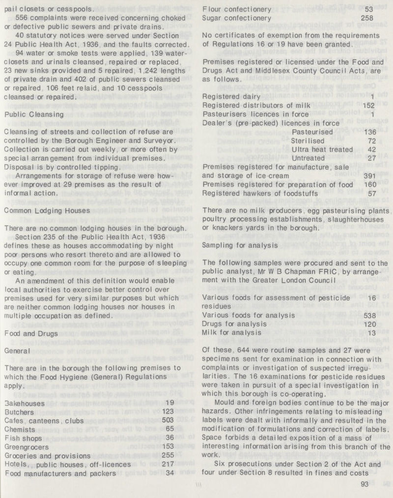 pail closets or cesspools. 556 complaints were received concerning choked or defective public sewers and private drains. 40 statutory notices were served under Section 24 Public Health Act 1936 and the faults corrected. 94 water or smoke tests were applied, 139 water closets and urinals cleansed repaired or replaced 23 new sinks provided and 5 repaired 1,242 lengths of private drain and 402 of public sewers cleansed or repaired 106 feet relaid. and 10 cesspools cleansed or repaired. Public Cleansing Cleansing of streets and collection of refuse are controlled by the Borough Engineer and Surveyor. Collection is carried out weekly, or more often by special arrangement from individual premises. Disposal is by controlled tipping, Arrangements for storage of refuse were how ever improved at 29 premises as the result of informal action. Common Lodging Houses There are no common lodging houses in the borough. Section 235 of the Public Health Act, 1936 defines these as houses accommodating by night poor persons who resort thereto and are allowed to occupy one common room for the purpose of sleeping or eating An amendment of this definition would enable local authorities to exercise better control over premises used for very similar purposes but which are neither common lodging houses nor houses in multiple occupation as defined. Food and Drugs General There are in the borough the following premises to which the Food Hygiene (General) Regulations apply. 3akehouses 19 Butchers 123 Cafes canteens . clubs 503 Chemists 65 Fish shops 36 Greengrocers 153 Groceries and provisions 255 Hotels, public houses off-licences 217 Food manufacturers and packers 34 Flour confectionery 53 Sugar confectionery 258 No certificates of exemption from the requirements of Regulations 16 or 19 have been granted Premises registered or licensed under the Food and Drugs Act and Middlesex County Council Acts are as follows. Registered dairy 1 Registered distributors of milk 152 Pasteurisers licences in force 1 Dealer s (pre packed) licences in force Pasteurised 136 Sterilised 72 Ultra heat treated 42 Untreated 27 Premises registered for manufacture, sale and storage of ice cream 391 Premises registered for preparation of food 160 Registered hawkers of foodstuffs 57 There are no milk producers egg pasteurising plants poultry processing establishments slaughterhouses or knackers yards in the borough. Sampling for analysis The following samples were procured and sent to the public analyst, Mr W B Chapman FRIC by arrange ment with the Greater London Council Various foods for assessment of pesticide 16 residues Various foods for analysis 538 Drugs for analysis 120 Milk for analysis 13 Of these, 644 were routine samples and 27 were specimens sent for examination in connection with complaints or investigation of suspected irregu larities The 16 examinations for pesticide residues were taken in pursuit of a special investigation in which this borough is co-operating. Mould and foreign bodies continue to be the major hazards. Other infringements relating to misleading labels were dealt with informally and resulted in the modification of formulations and correction of labels. Space forbids a detailed exposition of a mass of interesting information arising from this branch of the work. Six prosecutions under Section 2 of the Act and four under Section 8 resulted in fines and costs 93