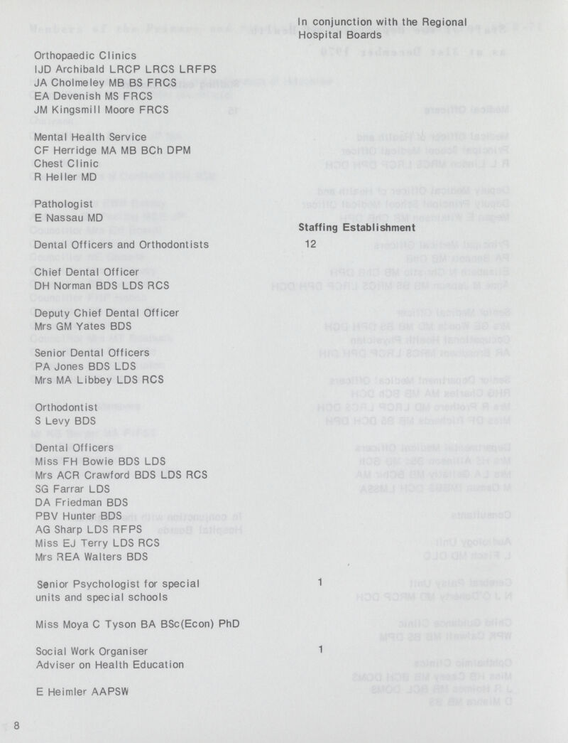 In conjunction with the Regional Hospital Boards Orthopaedic Clinics IJD Archibald LRCP LRCS LRFPS JA Cholmeley MB BS FRCS EA Devenish MS FRCS JM Kingsmill Moore FRCS Mental Health Service CF Herridge MA MB BCh DPM Chest Clinic R Heller MD Pathologist E Nassau MD Staffing Establishment Dental Officers and Orthodontists 12 Chief Dental Officer DH Norman BDS LDS RCS Deputy Chief Dental Officer Mrs GM Yates BDS Senior Dental Officers PA Jones BDS LDS Mrs MA Libbey LDS RCS Orthodontist S Levy BDS Dental Officers Miss FH Bowie BDS LDS Mrs ACR Crawford BDS LDS RCS SG Farrar LDS DA Friedman BDS PBV Hunter BDS AG Sharp LDS RFPS Miss EJ Terry LDS RCS Mrs REA Walters BDS Senior Psychologist for special 1 units and special schools Miss Moya C Tyson BA BSc(Econ) PhD Social Work Organiser 1 Adviser on Health Education E Heimler AAPSW 8