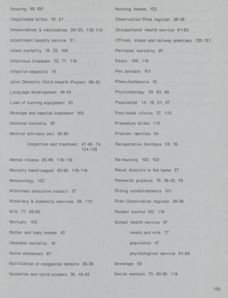 Housing 98-100 Nursing homes 102 Illegitimate births 19 21 Observation/Risk register 38-39 Immunisation & vaccination 24/25. 112-113 Occupational health service 81-82 Incontinent laundry service 31 Offices, shops and raiIway premises 120-121 Infant mortality 19, 22, 108 Perinatal mortality 20 Infectious diseases 22, 77, 110 Pests 100, 119 Infective hepatitis 15 Pet animals 101 Joint Obstetric Chi Id Health Project 39-42 Phenylketonuria 42 Language development 49-55 Physiotherapy 59, 83, 86 Loan of nursing equipment 33 Population 14, 19, 21, 47 Massage and special treatment 102 Post natal clinics 37 115 Maternal mortality 20 Premature births 115 Medical advisory unit 58-60 Problem families 34 inspection and treatment 47-48, 74, Recuperative holidays 33, 76 124-126 Mental illness 83-90, 118-119 Rehousing 100, 102 Mentally handicapped 83-90, 118-119 Renal dialysis in the home 37 Meteorology 122 Research projects 15, 39-42, 79 Middlesex executive council 27 Riding establishments 101 Midwifery & maternity services 29, 113 Risk/Observation register 38-39 Milk 77, 92-93 Rodent control 100, 119 Mortuary 103 School health service 47 Mother and baby homes 42 meals and milk 77 Neonatal mortality 19 population 47 Noise abatement 97 psychological service 61-65 Notification of congenital defects 38-39 Sewerage 92 Nurseries and child minders 30, 42-43 Social workers 75, 89-90, 119 133