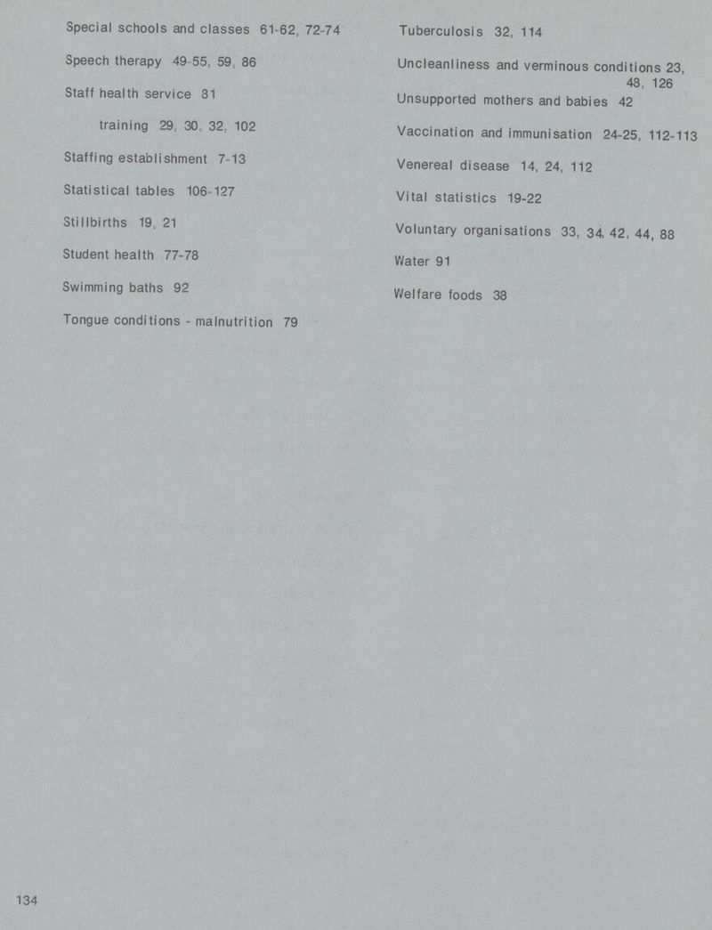 Special schools and classes 61-62,72-74 Tuberculosis 32,114 Speech therapy 49-55, 59, 86 Uncleanliness and verminous conditions 23, 48, 126 Staff health service 31 Unsupported mothers and babies 42 training 29, 30, 32, 102 Vaccination and immunisation 24-25, 112-113 Staffing establishment 7-13 Venereal disease 14, 24, 112 Statistical tables 106-127 Vital statistics 19-22 Stillbirths 19, 21 Voluntary organisations 33, 34 42, 44, 88 Student health 77-78 Water 91 Swimming baths 92 Welfare foods 38 Tongue conditions - malnutrition 79 134