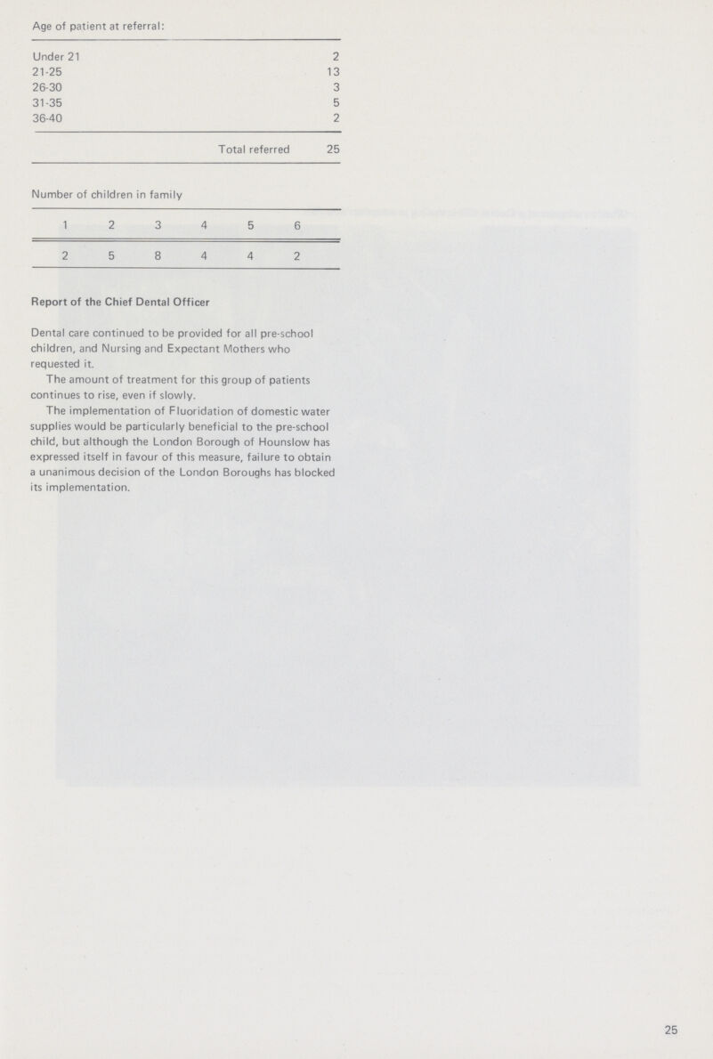 Age of patient at referral: Under 21 2 21-25 13 26-30 3 31-35 5 36-40 2 Total referred 25 Number of children in family 1 2 3 4 5 6 2 5 8 4 4 2 Report of the Chief Dental Officer Dental care continued to be provided for all pre-school children, and Nursing and Expectant Mothers who requested it. The amount of treatment for this group of patients continues to rise, even if slowly. The implementation of Fluoridation of domestic water supplies would be particularly beneficial to the pre-school child, but although the London Borough of Hounslow has expressed itself in favour of this measure, failure to obtain a unanimous decision of the London Boroughs has blocked its implementation. 25