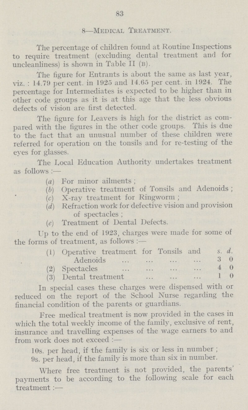 83 8—Medical Treatment. The percentage of children found at Routine Inspections to require treatment (excluding dental treatment and for uncleanliness) is shown in Table II (b). The figure for Entrants is about the same as last year, viz.: 14.79 per cent. in 1925 and 14.65 per cent. in 1924. The percentage for Intermediates is expected to be higher than in other code groups as it is at this age that the less obvious defects of vision are first detected. The figure for heavers is high for the district as com pared with the figures in the other code groups. This is due to the fact that an unusual number of these children were referred for operation on the tonsils and for re-testing of the eyes for glasses. The Local Education Authority undertakes treatment as follows:— (a) For minor ailments; (b) Operative treatment of Tonsils and Adenoids; (c) X-ray treatment for Ringworm; (d) Refraction work for defective vision and provision of spectacles; (e) Treatment of Dental Defects. Up to the end of 1923, charges were made for some of the forms of treatment, as follows:— (1) Operative treatment for Tonsils and s. d. Adenoids 3 0 (2) Spectacles 4 0 (3) Dental treatment 1 0 In special cases these charges were dispensed with or reduced on the report of the School Nurse regarding the financial condition of the parents or guardians. Free medical treatment is now provided in the cases in which the total weekly income of the family, exclusive of rent, insurance and travelling expenses of the wage earners to and from work does not exceed:— 10s. per head, if the family is six or less in number; 9s. per head, if the family is more than six in number. Where free treatment is not provided, the parents' payments to be according to the following scale for each treatment:—