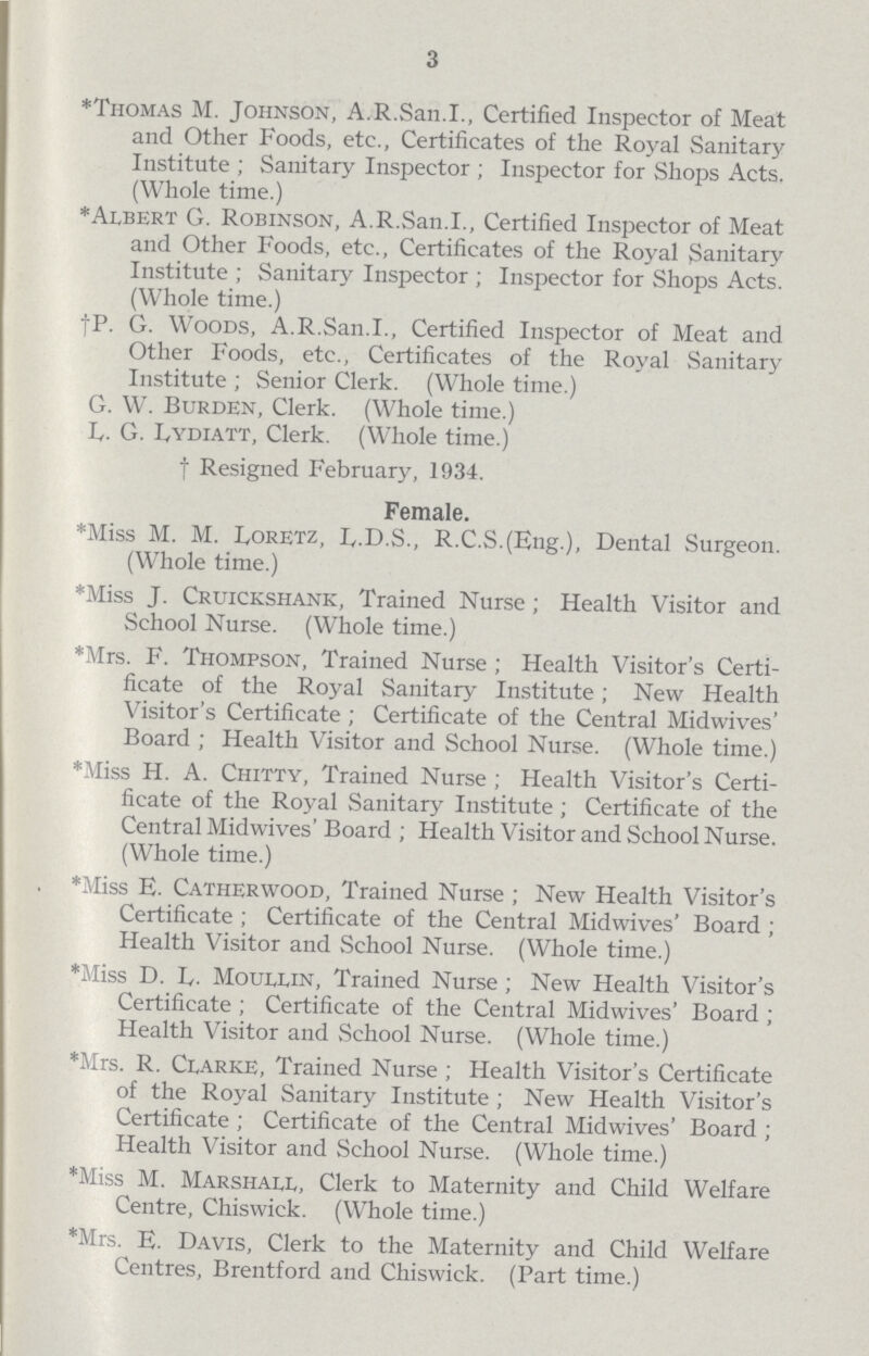 3 *Thomas M. Johnson, A.R.San.I., Certified Inspector of Meat and Other Foods, etc., Certificates of the Royal Sanitary Institute; Sanitary Inspector; Inspector for Shops Acts. (Whole time.) *Albert G. Robinson, A.R.San.I., Certified Inspector of Meat and Other Foods, etc., Certificates of the Royal Sanitary Institute; Sanitary Inspector; Inspector for Shops Acts. (Whole time.) †P. G. Woods, A.R.San.I., Certified Inspector of Meat and Other Foods, etc., Certificates of the Royal Sanitary Institute; Senior Clerk. (Whole time.) G. W. Burden, Clerk. (Whole time.) L. G. Lydiatt, Clerk. (Whole time.) † Resigned February, 1934. Female. *Miss M. M. Foretz, F.D.S., R.C.S.(Eng.), Dental Surgeon. (Whole time.) *Miss J. Cruickshank, Trained Nurse; Health Visitor and School Nurse. (Whole time.) *Mrs. F. Thompson, Trained Nurse; Health Visitor's Certi ficate of the Royal Sanitary Institute; New Health Visitor's Certificate; Certificate of the Central Midwives' Board; Health Visitor and School Nurse. (Whole time.) *Miss H. A. Chitty, Trained Nurse; Health Visitor's Certi ficate of the Royal Sanitary Institute; Certificate of the Central Midwives' Board; Health Visitor and School Nurse. (Whole time.) *Miss E. Catherwood, Trained Nurse; New Health Visitor's Certificate; Certificate of the Central Midwives' Board; Health Visitor and School Nurse. (Whole time.) *Miss D. L. Moullin, Trained Nurse; New Health Visitor's Certificate; Certificate of the Central Midwives' Board; Health Visitor and School Nurse. (Whole time.) *Mrs. R. Clarke, Trained Nurse; Health Visitor's Certificate of the Royal Sanitary Institute; New Health Visitor's Certificate; Certificate of the Central Midwives' Board; Health Visitor and School Nurse. (Whole time.) *Miss M. Marshall, Clerk to Maternity and Child Welfare Centre, Chiswick. (Whole time.) *Mrs. E. Davis, Clerk to the Maternity and Child Welfare Centres, Brentford and Chiswick. (Part time.)