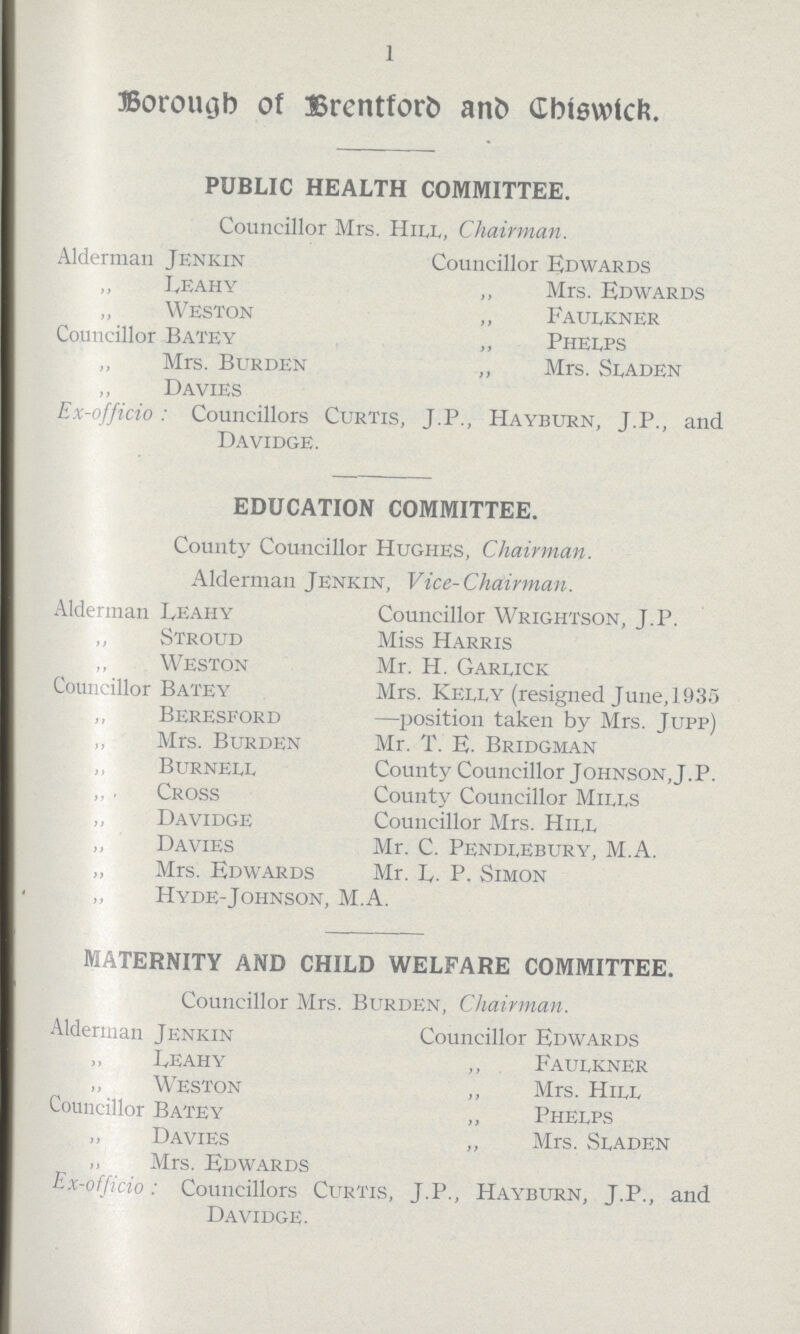 1 Borough of Brentford and Chiswick. PUBLIC HEALTH COMMITTEE. Councillor Mrs. Hill, Chairman. Alderman Jenkin Councillor Edwards „ leahy „ Mrs. Edwards „ Weston „ Faulkner Councillor Batey „ Phelps „ Mrs. Burden „ Mrs. Sladen „ Davies Ex-officio: Councillors Curtis, J.P., Hayburn, J.P., and Davidge. EDUCATION COMMITTEE. County Councillor Hughes, Chairman. Alderman Jenkin, Vice-Chairman. Alderman leahy Councillor Wrightson, J.P. „ Stroud Miss Harris „ Weston Mr. H. Garlick Councillor Batey Mrs. Kelly (resigned June, 1935 „ Beresford —position taken by Mrs. Jupp) „ Mrs. Burden Mr. T. E. Bridgman „ Burnell County Councillor Johnson, J.P. „ Cross County Councillor Mills „ Davidge Councillor Mrs. Hill „ Davies Mr. C. Pendlebury, M.A. „ Mrs. Edwards Mr. L.P. Simon „ Hyde-Johnson, M.A. MATERNITY AND CHILD WELFARE COMMITTEE. Councillor Mrs. Burden, Chairman. Alderman Jenkin Councillor Edwards „ Eeahy „ Faulkner „ Weston „ Mrs. Hill Councillor Batey „ Phelps „ Davies „ Mrs. Sladen „ Mrs. Edwards Ex-officio: Councillors Curtis, J.P., Hayburn, J.P., and Davidge.