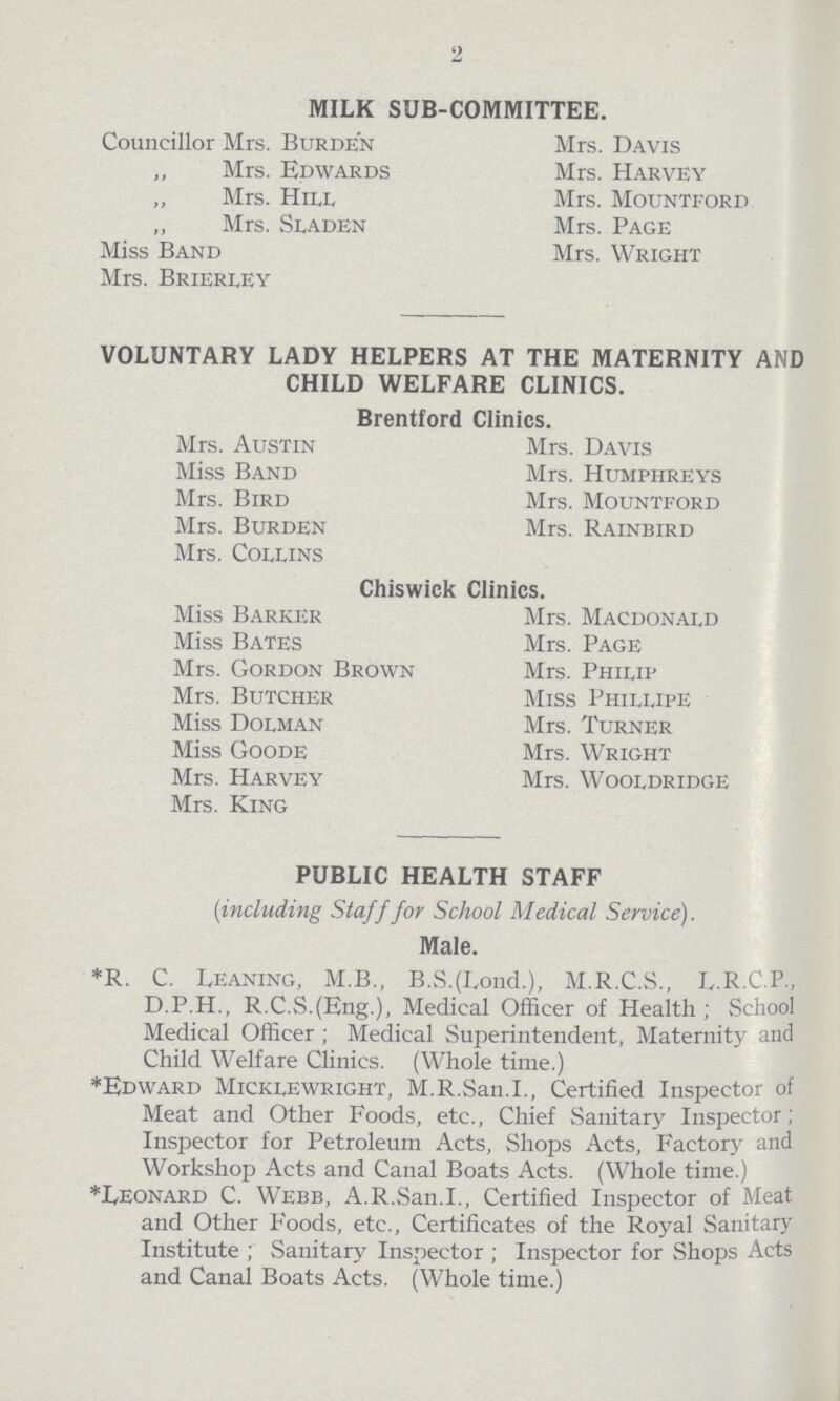 9 MILK SUB-COMMITTEE. Councillor Mrs. Burden Mrs. Davis „ Mrs. Edwards Mrs. Harvey „ Mrs. Hill Mrs. Mountford „ Mrs. Sladen Mrs. Page Miss Band Mrs. Wright Mrs. Brierley VOLUNTARY LADY HELPERS AT THE MATERNITY AND CHILD WELFARE CLINICS. Brentford Clinics. Mrs. Austin Mrs. Davis Miss Band Mrs. Humphreys Mrs. Bird Mrs. Mountford Mrs. Burden Mrs. Rainbird Mrs. Collins Chiswick Clinics. Miss Barker Mrs. Macdonald Miss Bates Mrs. Page Mrs. Gordon Brown Mrs. Philip Mrs. Butcher Miss Phillipe Miss Dolman Mrs. Turner Miss Goode Mrs. Wright Mrs. Harvey Mrs. Wooldridge Mrs. King PUBLIC HEALTH STAFF (including Staff for School Medical Service). Male. *R. C. Leaning, M.B., B.S.(Lond.), M.R.C.S., L.R.C.P., D.P.H., R.C.S.(Eng.), Medical Officer of Health; School Medical Officer; Medical Superintendent, Maternity and Child Welfare Clinics. (Whole time.) *Edward Micklewright, M.R.San.I., Certified Inspector of Meat and Other Foods, etc., Chief Sanitary Inspector; Inspector for Petroleum Acts, Shops Acts, Factory and Workshop Acts and Canal Boats Acts. (Whole time.) *Leonard C. Webb, A.R.San.I., Certified Inspector of Meat and Other Foods, etc., Certificates of the Royal Sanitary Institute; Sanitary Inspector; Inspector for Shops Acts and Canal Boats Acts. (Whole time.)