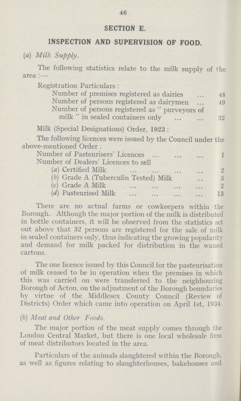 46 SECTION E. INSPECTION AND SUPERVISION OF FOOD. (a) Milk Supply. The following statistics relate to the milk supply of the area :— Registration Particulars : Number of premises registered as dairies 48 Number of persons registered as dairymen 49 Number of persons registered as  purveyors of milk  in sealed containers only 32 Milk (Special Designations) Order, 1923 : The following licences were issued by the Council under the above-mentioned Order : Number of Pasteurisers' Licences 1 Number of Dealers' Licences to sell (a) Certified Milk 2 (b) Grade A (Tuberculin Tested) Milk 5 (c) Grade A Milk 2 (d) Pasteurised Milk 13 There are no actual farms or cowkeepers within the Borough. Although the major portion of the milk is distributed in bottle containers, it will be observed from the statistics set out above that 32 persons are registered for the sale of milk in sealed containers only, thus indicating the growing popularity and demand for milk packed for distribution in the waxed cartons. The one licence issued by this Council for the pasteurisation of milk ceased to be in operation when the premises in which this was carried on were transferred to the neighbouring Borough of Acton, on the adjustment of the Borough boundaries by virtue of the Middlesex County Council (Review of Districts) Order which came into operation on April 1st, 1934. (b) Meat and Other Foods. The major portion of the meat supply comes through the London Central Market, but there is one local wholesale firm of meat distributors located in the area. Particulars of the animals slaughtered within the Borough, as well as figures relating to slaughterhouses, bakehouses and