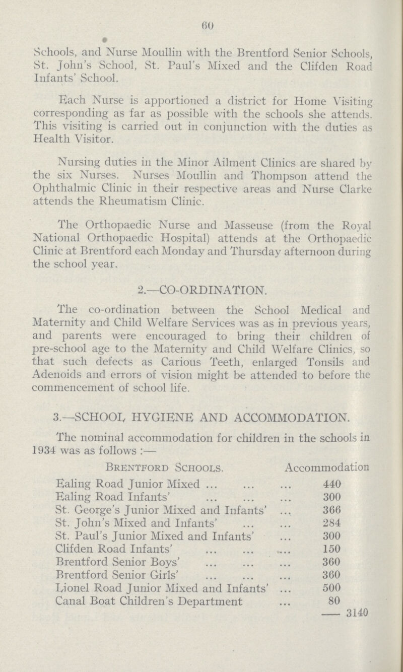 60 Schools, and Nurse Moullin with the Brentford Senior Schools, St. John's School, St. Paul's Mixed and the Clifden Road Infants' School. Each Nurse is apportioned a district for Home Visiting corresponding as far as possible with the schools she attends. This visiting is carried out in conjunction with the duties as Health Visitor. Nursing duties in the Minor Ailment Clinics are shared by the six Nurses. Nurses Moullin and Thompson attend the Ophthalmic Clinic in their respective areas and Nurse Clarke attends the Rheumatism Clinic. The Orthopaedic Nurse and Masseuse (from the Royal National Orthopaedic Hospital) attends at the Orthopaedic Clinic at Brentford each Monday and Thursday afternoon during the school year. 2.—CO-ORDINATION. The co-ordination between the School Medical and Maternity and Child Welfare Services was as in previous years, and parents were encouraged to bring their children of pre-school age to the Maternity and Child Welfare Clinics, so that such defects as Carious Teeth, enlarged Tonsils and Adenoids and errors of vision might be attended to before the commencement of school life. 3.—SCHOOL HYGIENE AND ACCOMMODATION. The nominal accommodation for children in the schools in 1934 was as follows:— Brentford Schools. Accommodation Ealing Road Junior Mixed 440 Ealing Road Infants' 300 St. George's Junior Mixed and Infants' 366 St. John's Mixed and Infants' 284 St. Paul's Junior Mixed and Infants' 300 Clifden Road Infants' 150 Brentford Senior Boys' 360 Brentford Senior Girls' 360 Lionel Road Junior Mixed and Infants' 500 Canal Boat Children's Department 80 3140