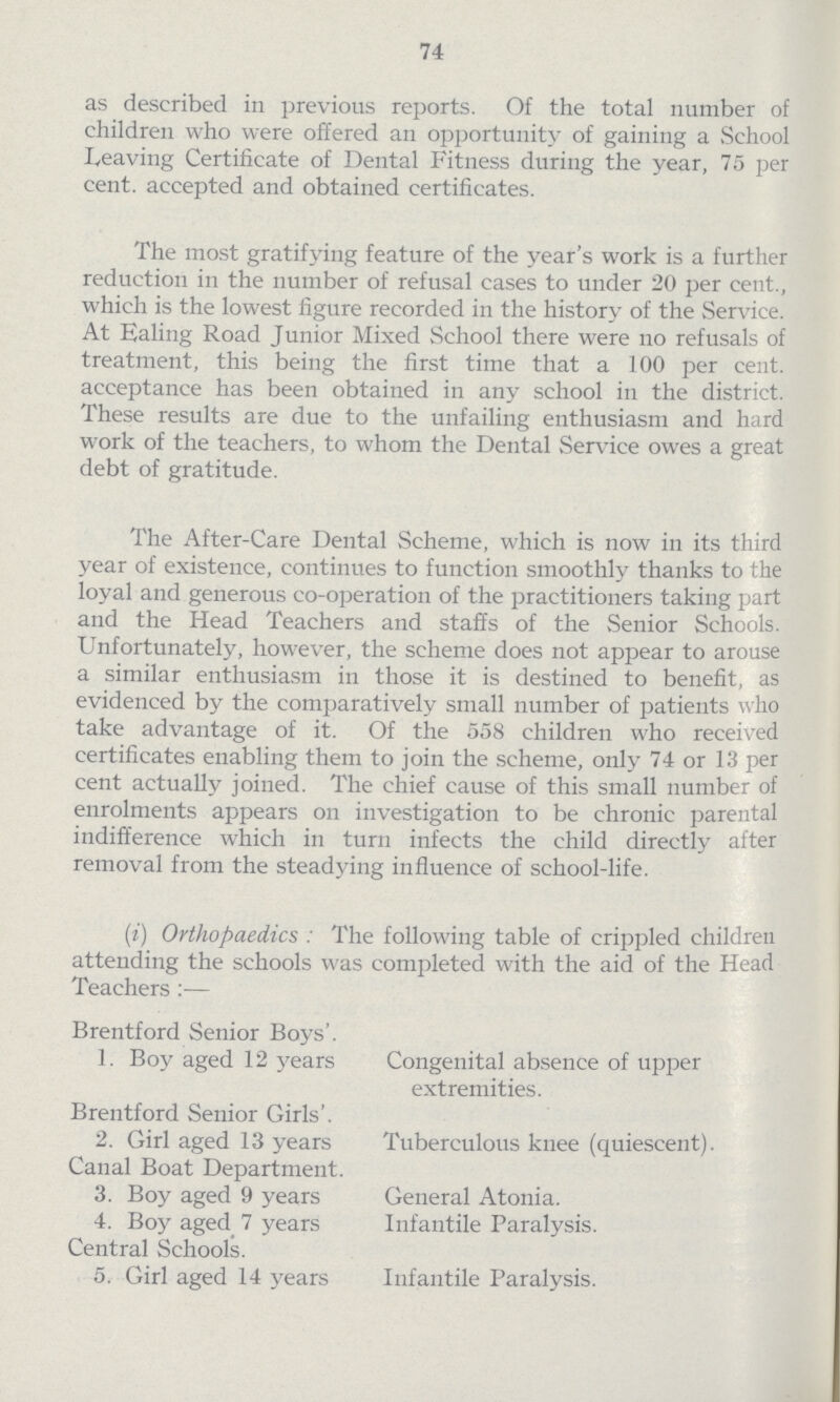 74 as described in previous reports. Of the total number of children who were offered an opportunity of gaining a School Leaving Certificate of Dental Fitness during the year, 75 per cent. accepted and obtained certificates. The most gratifying feature of the year's work is a further reduction in the number of refusal cases to under 20 per cent., which is the lowest figure recorded in the history of the Service. At Ealing Road Junior Mixed School there were no refusals of treatment, this being the first time that a 100 per cent. acceptance has been obtained in any school in the district. These results are due to the unfailing enthusiasm and hard work of the teachers, to whom the Dental Service owes a great debt of gratitude. The After-Care Dental Scheme, which is now in its third year of existence, continues to function smoothly thanks to the loyal and generous co-operation of the practitioners taking part and the Head Teachers and staffs of the Senior Schools. Unfortunately, however, the scheme does not appear to arouse a similar enthusiasm in those it is destined to benefit, as evidenced by the comparatively small number of patients who take advantage of it. Of the 558 children who received certificates enabling them to join the scheme, only 74 or 13 per cent actually joined. The chief cause of this small number of enrolments appears on investigation to be chronic parental indifference which in turn infects the child directly after removal from the steadying influence of school-life. (i) Orthopaedics: The following table of crippled children attending the schools was completed with the aid of the Head Teachers:— Brentford Senior Boys'. 1. Boy aged 12 years Congenital absence of upper extremities. Brentford Senior Girls'. 2. Girl aged 13 years Tuberculous knee (quiescent). Canal Boat Department. 3. Boy aged 9 years General Atonia. 4. Boy aged 7 years Infantile Paralysis. Central Schools. 5. Girl aged 14 years Infantile Paralysis.
