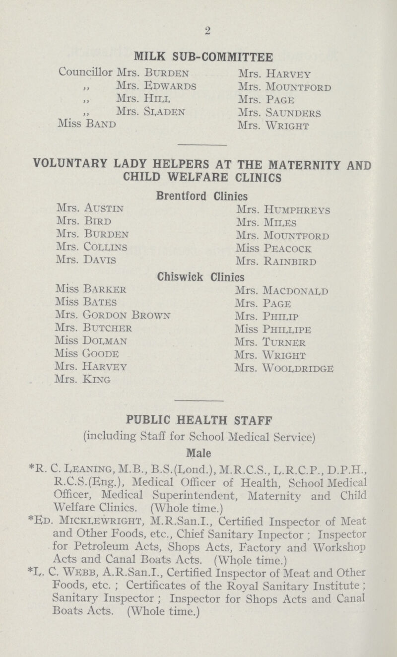 2 MILK SUB-COMMITTEE Councillor Mrs. Burden Mrs. Edwards „ Mrs. Hill „ Mrs. Sladen Miss Band Mrs. Harvey Mrs. Mountford Mrs. Page Mrs. Saunders Mrs. Wright VOLUNTARY LADY HELPERS AT THE MATERNITY AND CHILD WELFARE CLINICS Brentford Clinics Mrs. Austin Mrs. Bird Mrs. Burden Mrs. Collins Mrs. Davis Mrs. Humphreys Mrs. Miles Mrs. Mountford Miss Peacock Mrs. Rainbird Chiswick Clinics Miss Barker Miss Bates Mrs. Gordon Brown Mrs. Butcher Miss Dolman Miss Goode Mrs. Harvey Mrs. King Mrs. Macdonald Mrs. Page Mrs. Philip Miss Phillipe Mrs. Turner Mrs. Wright Mrs. Wooldridge PUBLIC HEALTH STAFF (including Staff for School Medical Service) Male *R. C. Leaning, M.B., B.S.(Lond.), M.R.C.S., L.R.C.P., D.P.H., R.C.S.(Eng.), Medical Officer of Health, School Medical Officer, Medical Superintendent, Maternity and Child Welfare Clinics. (Whole time.) *Ed. Micklewright, M.R.San.I., Certified Inspector of Meat and Other Foods, etc., Chief Sanitary Inpector; Inspector for Petroleum Acts, Shops Acts, Factory and Workshop Acts and Canal Boats Acts. (Whole time.) *L. C. Webb, A.R.San.I., Certified Inspector of Meat and Other Foods, etc.; Certificates of the Royal Sanitary Institute; Sanitary Inspector; Inspector for Shops Acts and Canal Boats Acts. (Whole time.)