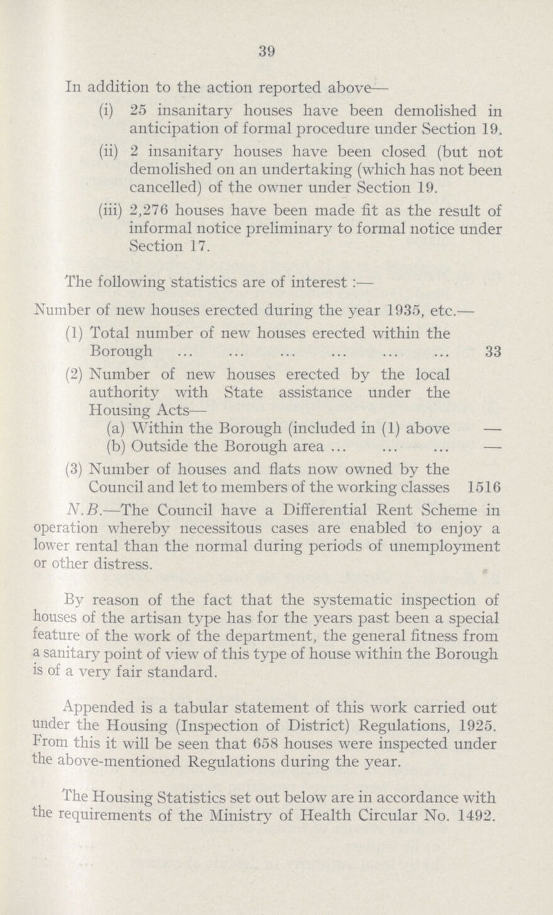 39 In addition to the action reported above— (i) 25 insanitary houses have been demolished in anticipation of formal procedure under Section 19. (ii) 2 insanitary houses have been closed (but not demolished on an undertaking (which has not been cancelled) of the owner under Section 19. (iii) 2,276 houses have been made fit as the result of informal notice preliminary to formal notice under Section 17. The following statistics are of interest:— Number of new houses erected during the year 1935, etc.— (1) Total number of new houses erected within the Borough 33 (2) Number of new houses erected by the local authority with State assistance under the Housing Acts— (a) Within the Borough (included in (1) above — (b) Outside the Borough area — (3) Number of houses and flats now owned by the Council and let to members of the working classes 1516 N.B.—The Council have a Differential Rent Scheme in operation whereby necessitous cases are enabled to enjoy a lower rental than the normal during periods of unemployment or other distress. By reason of the fact that the systematic inspection of houses of the artisan type has for the years past been a special feature of the work of the department, the general fitness from a sanitary point of view of this type of house within the Borough is of a very fair standard. Appended is a tabular statement of this work carried out under the Housing (Inspection of District) Regulations, 1925. From this it will be seen that 658 houses were inspected under the above-mentioned Regulations during the year. The Housing Statistics set out below are in accordance with the requirements of the Ministry of Health Circular No. 1492.