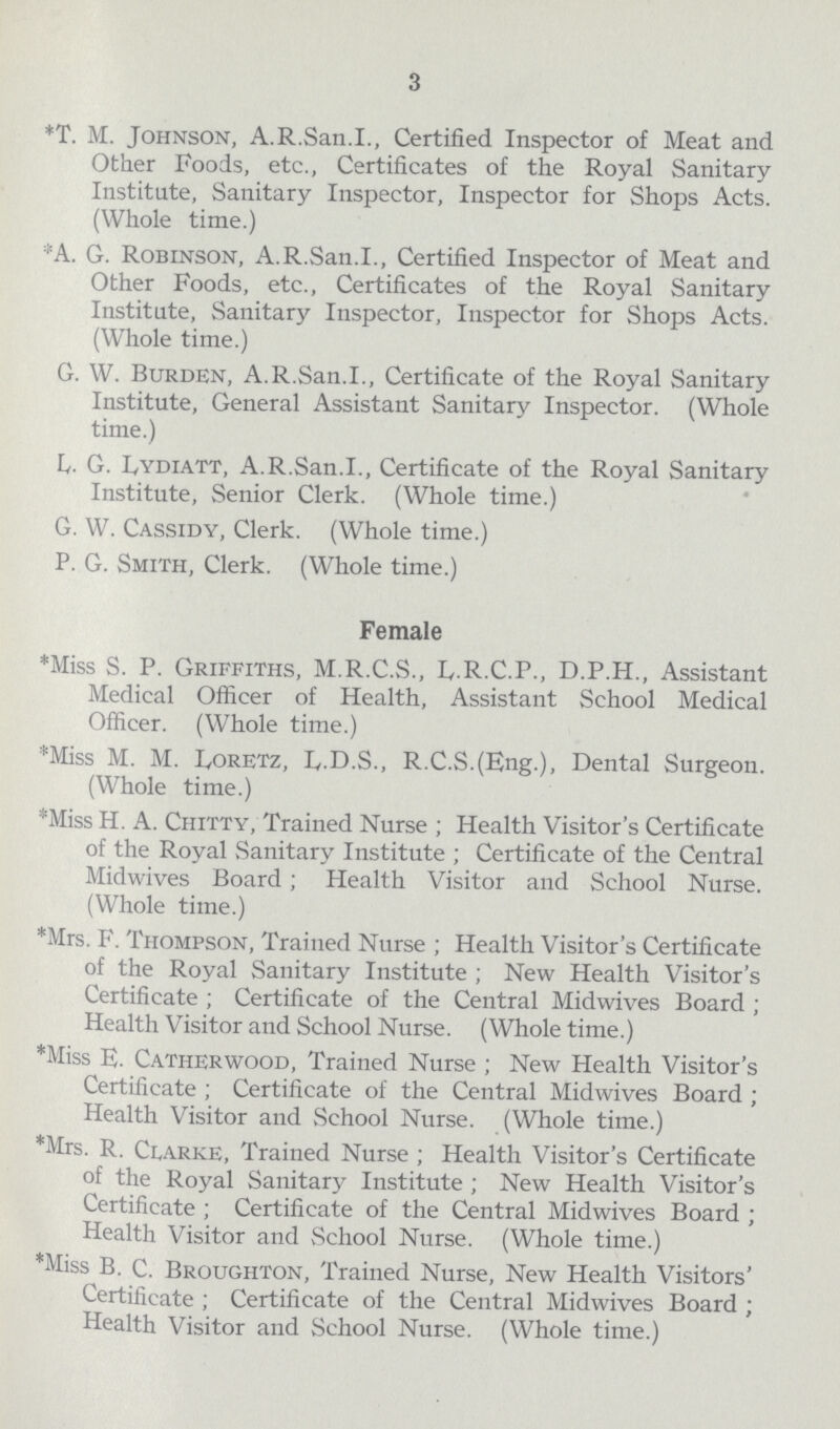 3 *T. M. Johnson, A.R.San.I., Certified Inspector of Meat and Other Foods, etc., Certificates of the Royal Sanitary Institute, Sanitary Inspector, Inspector for Shops Acts. (Whole time.) *A. G. Robinson, A.R.San.I., Certified Inspector of Meat and Other Foods, etc., Certificates of the Royal Sanitary Institute, Sanitary Inspector, Inspector for Shops Acts. (Whole time.) G. W. Burden, A.R.San.I., Certificate of the Royal Sanitary Institute, General Assistant Sanitary Inspector. (Whole time.) L. G. Lydiatt, A.R.San.I., Certificate of the Royal Sanitary Institute, Senior Clerk. (Whole time.) G. W. Cassidy, Clerk. (Whole time.) P. G. Smith, Clerk. (Whole time.) Female *Miss S. P. Griffiths, M.R.C.S., L.RC.P., D.P.H., Assistant Medical Officer of Health, Assistant School Medical Officer. (Whole time.) *Miss M. M. Loretz, L.D.S., R.C.S.(Eng.), Dental Surgeon. (Whole time.) *Miss H. A. Chitty, Trained Nurse; Health Visitor's Certificate of the Royal Sanitary Institute ; Certificate of the Central Midwives Board; Health Visitor and School Nurse. (Whole time.) *Mrs. F. Thompson, Trained Nurse; Health Visitor's Certificate of the Royal Sanitary Institute; New Health Visitor's Certificate; Certificate of the Central Midwives Board; Health Visitor and School Nurse. (Whole time.) *Miss E. Catherwood, Trained Nurse; New Health Visitor's Certificate; Certificate of the Central Midwives Board; Health Visitor and School Nurse. (Whole time.) *Mrs. R. Clarke, Trained Nurse; Health Visitor's Certificate of the Royal Sanitary Institute; New Health Visitor's Certificate; Certificate of the Central Midwives Board; Health Visitor and School Nurse. (Whole time.) *Miss B. C. Broughton, Trained Nurse, New Health Visitors' Certificate; Certificate of the Central Midwives Board; Health Visitor and School Nurse. (Whole time.)