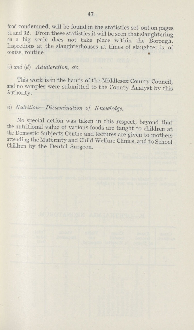 47 food condemned, will be found in the statistics set out on pages 31 and 32. From these statistics it will be seen that slaughtering on a big scale does not take place within the Borough. Inspections at the slaughterhouses at times of slaughter is, of course, routine. (c) and (d) Adulteration, etc. This work is in the hands of the Middlesex County Council, and no samples were submitted to the County Analyst by this Authority. (e) Nutrition—Dissemination of Knowledge. No special action was taken in this respect, beyond that the nutritional value of various foods are taught to children at the Domestic Subjects Centre and lectures are given to mothers attending the Maternity and Child Welfare Clinics, and to School Children by the Dental Surgeon.