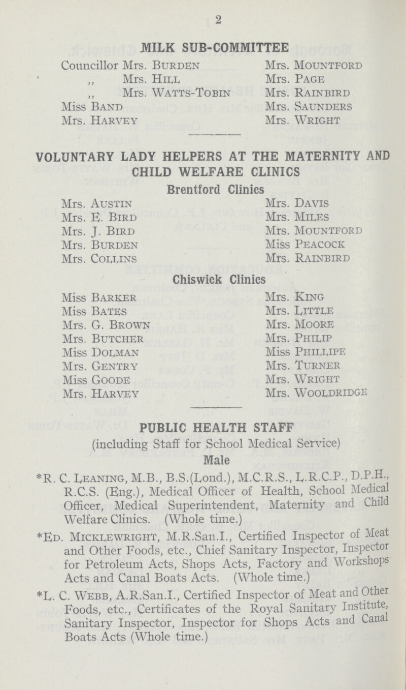 2 PUBLIC HEALTH STAFF (including Staff for School Medical Service) Male *R. C. Leaning, M.B., B.S.(Lond.), M.C.R.S., L.R.C.P., D.P.H., R.C.S. (Eng.), Medical Officer of Health, School Medical Officer, Medical Superintendent, Maternity and Child Welfare Clinics. (Whole time.) *Ed. Micklewright, M.R.San.I., Certified Inspector of Meat and Other Foods, etc., Chief Sanitary Inspector, Inspector for Petroleum Acts, Shops Acts, Factory and Workshops Acts and Canal Boats Acts. (Whole time.) *L. C. Webb, A.R.San.I., Certified Inspector of Meat and Other Foods, etc., Certificates of the Royal Sanitary Institute, Sanitary Inspector, Inspector for Shops Acts and Canal Boats Acts (Whole time.) MILK SUB-COMMITTEE Councillor Mrs. Burden Mrs. Mountford „ Mrs. Hill Mrs. Page „ Mrs. Watts-Tobin Mrs. Rainbird Miss Band Mrs. Saunders Mrs. Harvey Mrs. Wright VOLUNTARY LADY HELPERS AT THE MATERNITY AND CHILD WELFARE CLINICS Brentford Clinics Mrs. Austin Mrs. Davis Mrs. E. Bird Mrs. Miles Mrs. J. Bird Mrs. Mountford Mrs. Burden Miss Peacock Mrs. Collins Mrs. Rainbird Chiswiek Clinics Miss Barker Mrs. King Miss Bates Mrs. Little Mrs. G. Brown Mrs. Moore Mrs. Butcher Mrs. Philip Miss Dolman Miss Phillipe Mrs. Gentry Mrs. Turner Miss Goode Mrs. Wright Mrs. Harvey Mrs. Wooldridge