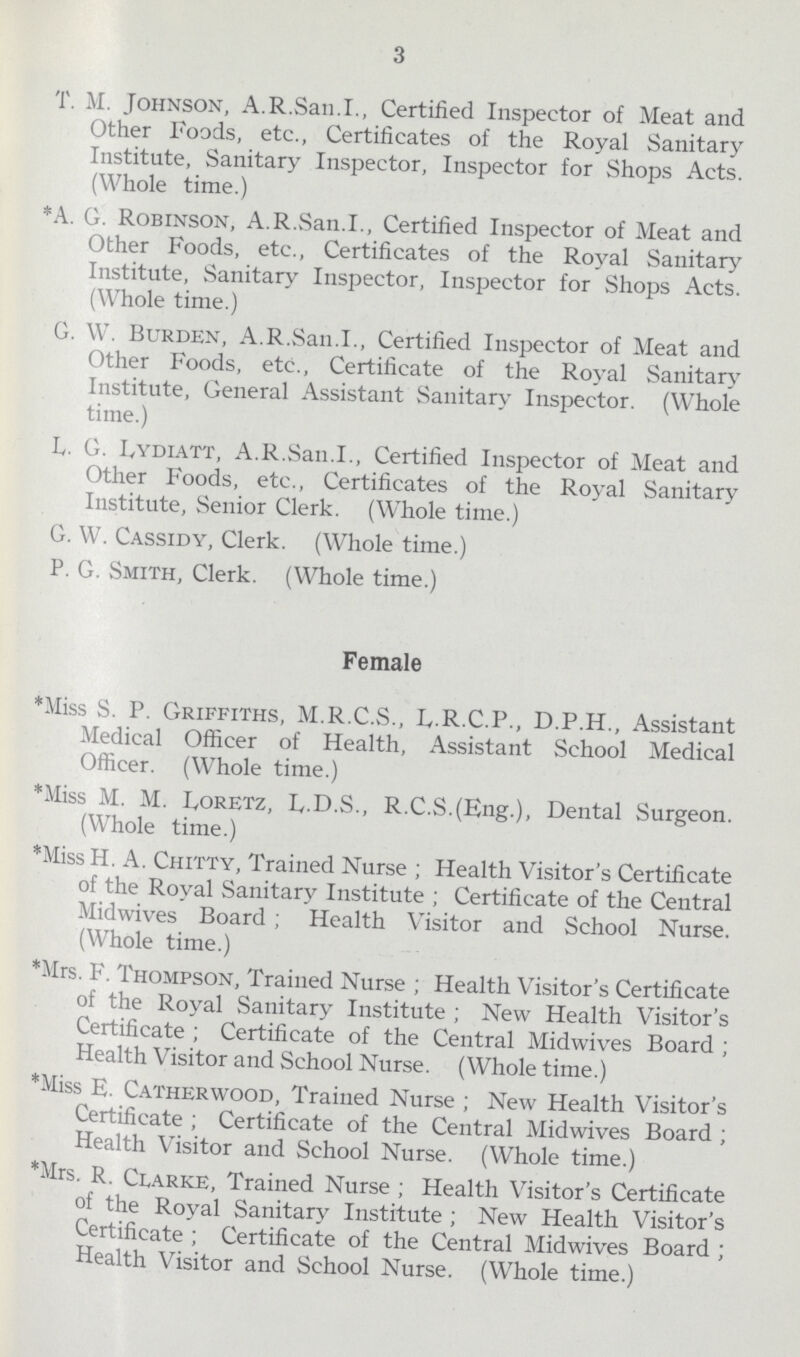 3 T. M. Johnson, A.R.San.I., Certified Inspector of Meat and Other Foods, etc., Certificates of the Royal Sanitary Institute, Sanitary Inspector, Inspector for Shops Acts. (Whole time.) *A. G. Robinson, A.R.San.I., Certified Inspector of Meat and Other Foods, etc., Certificates of the Royal Sanitary Institute, Sanitary Inspector, Inspector for Shops Acts. (Whole time.) G. W. Burden, A.R.San.I., Certified Inspector of Meat and Other Foods, etc., Certificate of the Royal Sanitary Institute, General Assistant Sanitary Inspector. (Whole time.) L. G. Lydiatt, A.R.San.I., Certified Inspector of Meat and Other Foods, etc., Certificates of the Royal Sanitary Institute, Senior Clerk. (Whole time.) G. W. Cassidy, Clerk. (Whole time.) P. G. Smith, Clerk. (Whole time.) Female *Miss S. P. Griffiths, M.R.C.S., D.R.C.P., D.P.H., Assistant Medical Officer of Health, Assistant School Medical Officer. (Whole time.) *Miss M. M. Loretz, L.D.S., R.C.S.(Eng.), Dental Surgeon. (Whole time.) *Miss H. A. Chitty, Trained Nurse; Health Visitor's Certificate of the Royal Sanitary Institute; Certificate of the Central Midwives Board; Health Visitor and School Nurse. (Whole time.) *Mrs. F. Thompson, Trained Nurse; Health Visitor's Certificate of the Royal Sanitary Institute; New Health Visitor's Certificate; Certificate of the Central Midwives Board; Health Visitor and School Nurse. (Whole time.) *Miss E. Catherwood, Trained Nurse; New Health Visitor's Certificate; Certificate of the Central Midwives Board; Health Visitor and School Nurse. (Whole time.) *Mrs. r. Clarke, Trained Nurse; Health Visitor's Certificate of the Royal Sanitary Institute; New Health Visitor's Certificate; Certificate of the Central Midwives Board; Health Visitor and School Nurse. (Whole time.)